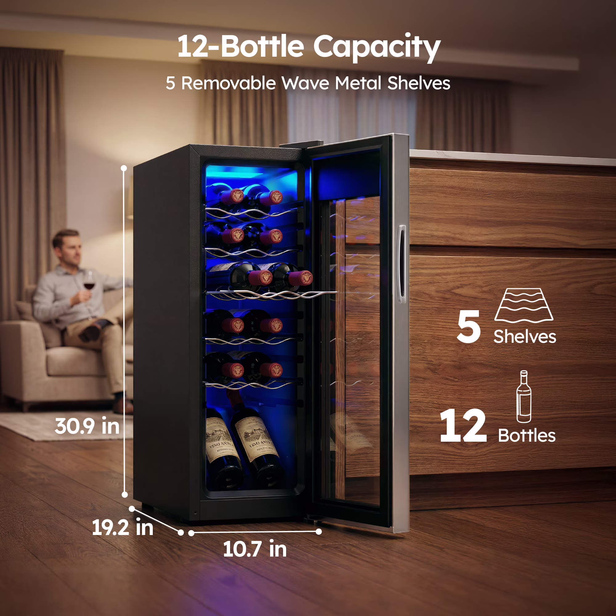 Simzlife 12 Bottle Wine Cooler Refrigerator with Lock, 11 inch Wine Chiller with Stainless Steel Glass Door, Freestanding - Image 5