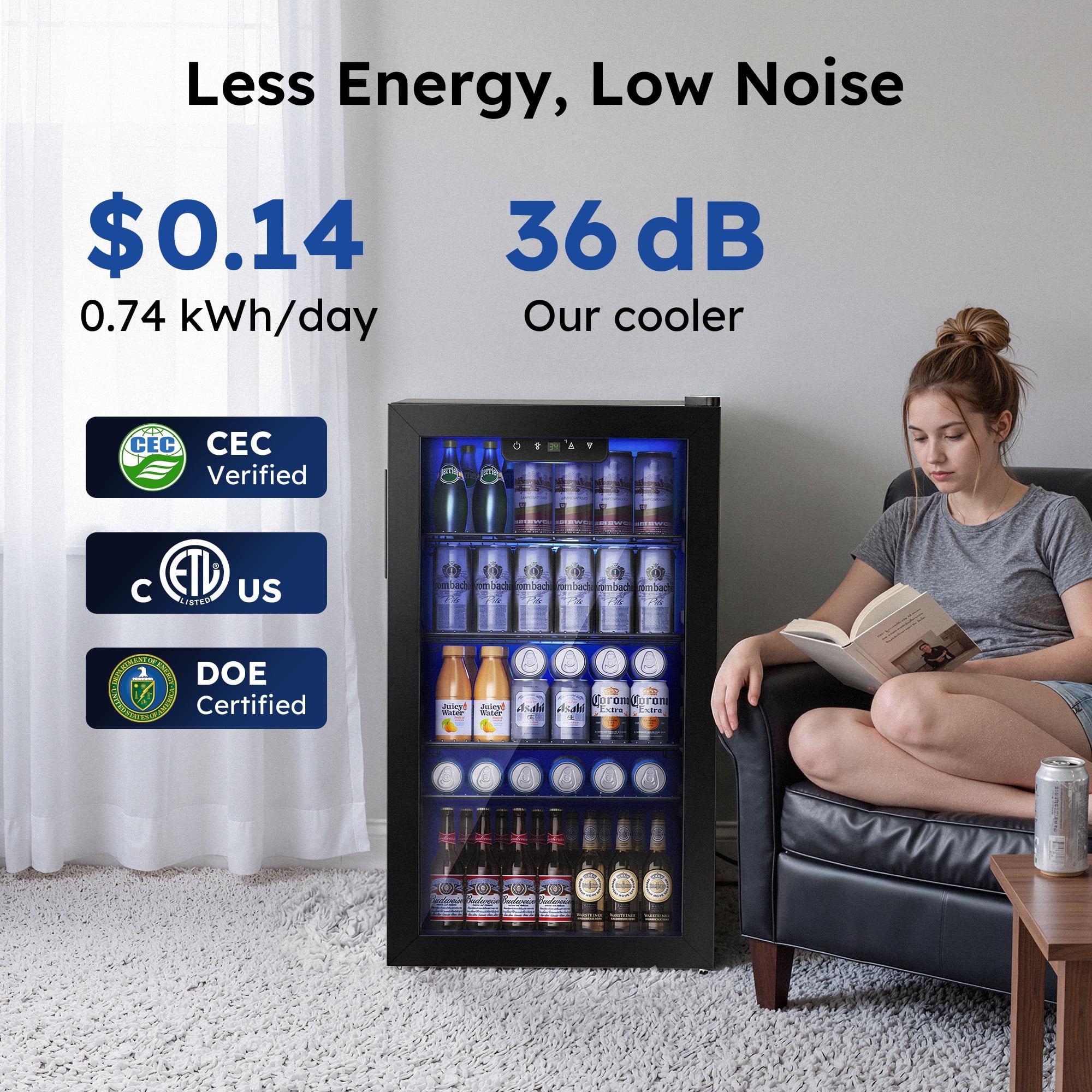 Simzlife 130 Can Beverage Refrigerator with Glass Door for Home, 17.3 in D, 31.3 in H, Black - Image 5
