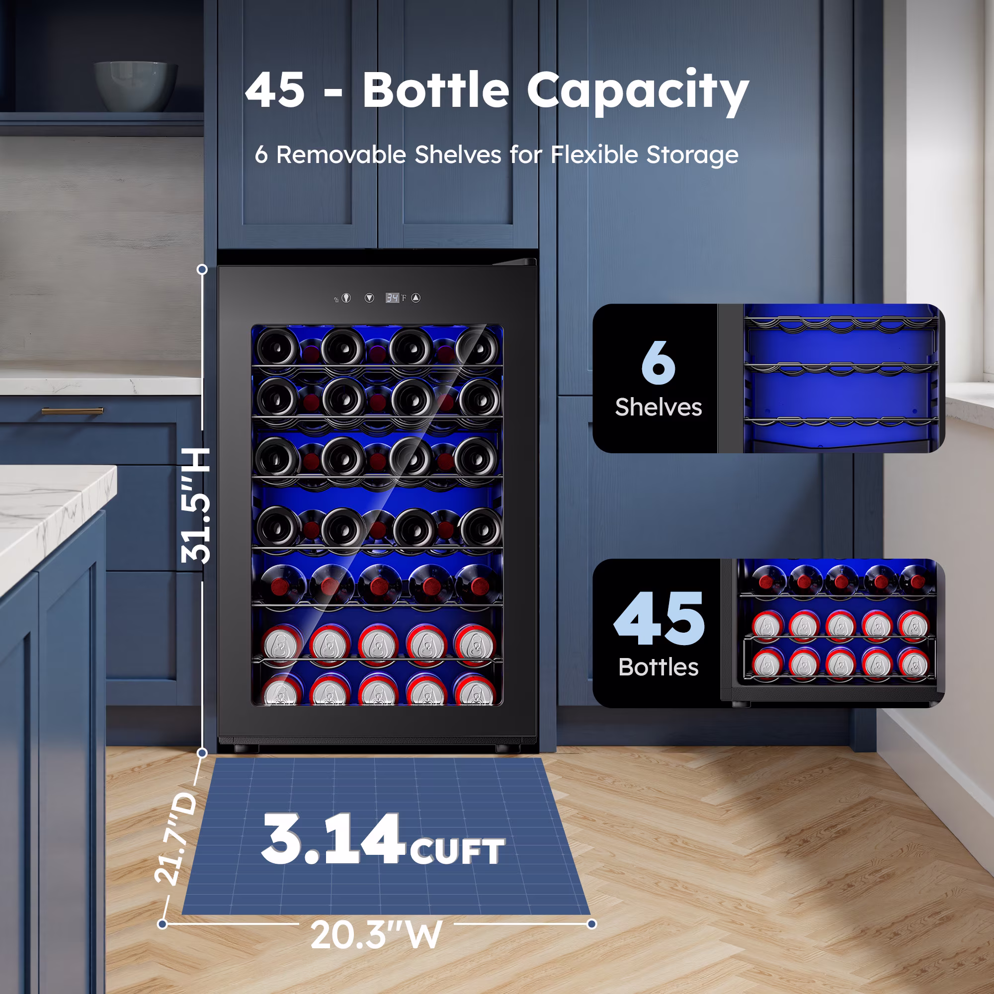 Simzlife 45 Bottles Wine Cooler Refrigerator,Built-in Wine Fridge with Stainless Steel Glass Door, for Home Bar, Kitchen, or Office - Image 4