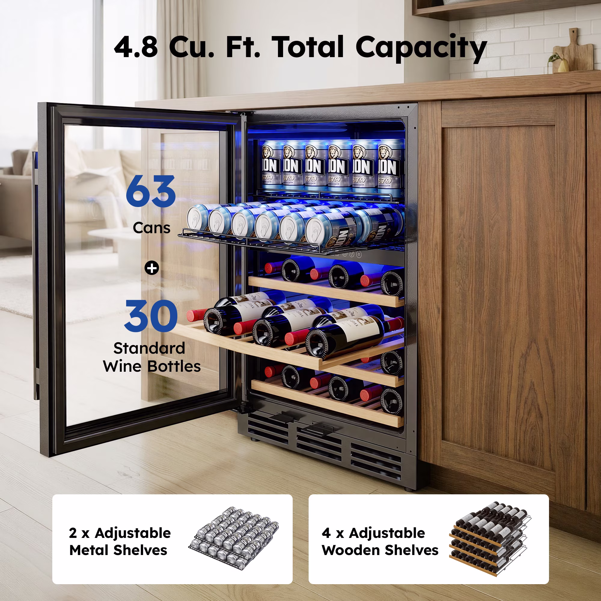 Simzlife Beverage Refrigerator,4.8 Cu.ft Dual Zone Independent Temperature Control Wine Cooler,63 Cans Beverage & 30 Bottles Wine, Black - Image 4