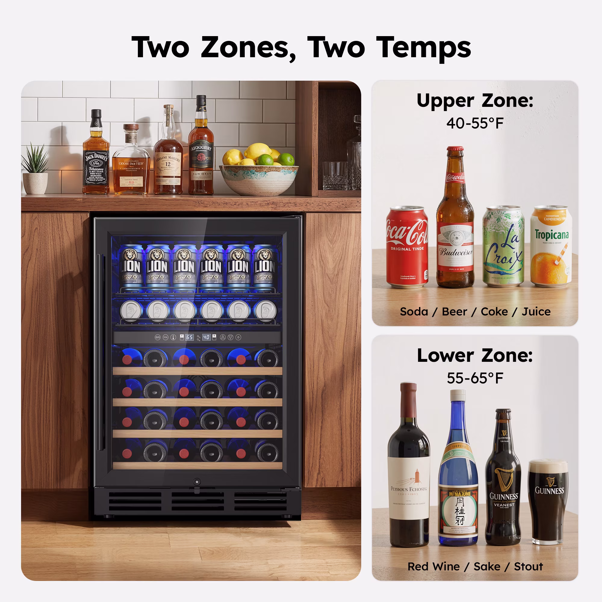 Simzlife Beverage Refrigerator,4.8 Cu.ft Dual Zone Independent Temperature Control Wine Cooler,63 Cans Beverage & 30 Bottles Wine, Black - Image 3