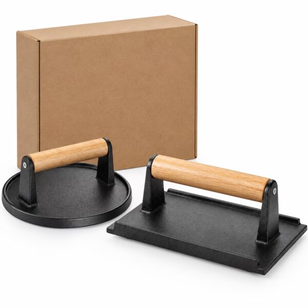 Smash Burger Press, 6.5” Round & 8.3”X4.3” Rectangle Cast Iron Flat Edge Grill/Bacon/Meat/Hamburger/Chef Press with Wood Handle, Smash Burger Kit for Blackstone Griddle Accessories
