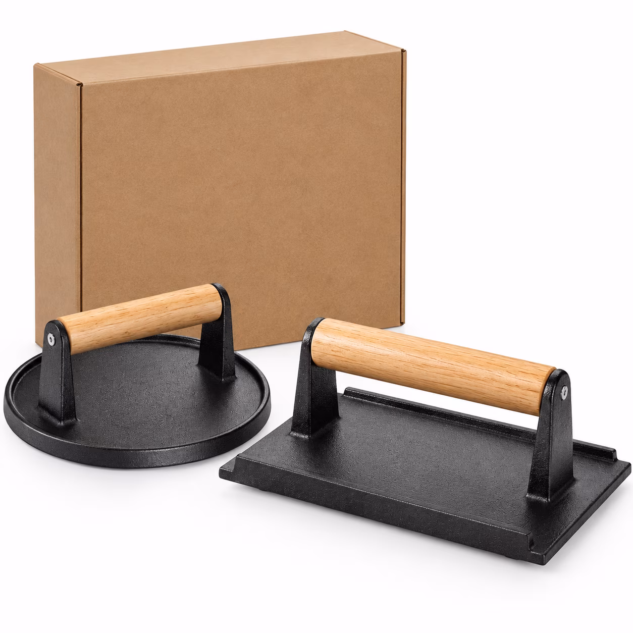 Smash Burger Press, 6.5” Round & 8.3”X4.3” Rectangle Cast Iron Flat Edge Grill/Bacon/Meat/Hamburger/Chef Press with Wood Handle, Smash Burger Kit for Blackstone Griddle Accessories