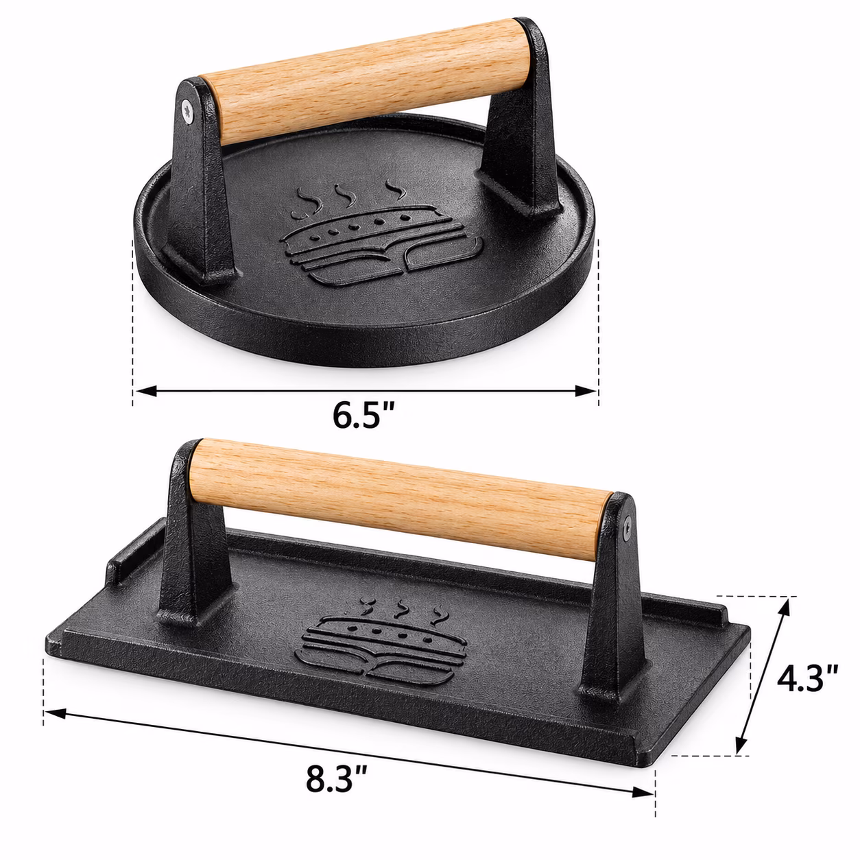 Smash Burger Press, 6.5” Round & 8.3”X4.3” Rectangle Cast Iron Flat Edge Grill/Bacon/Meat/Hamburger/Chef Press with Wood Handle, Smash Burger Kit for Blackstone Griddle Accessories - Image 2