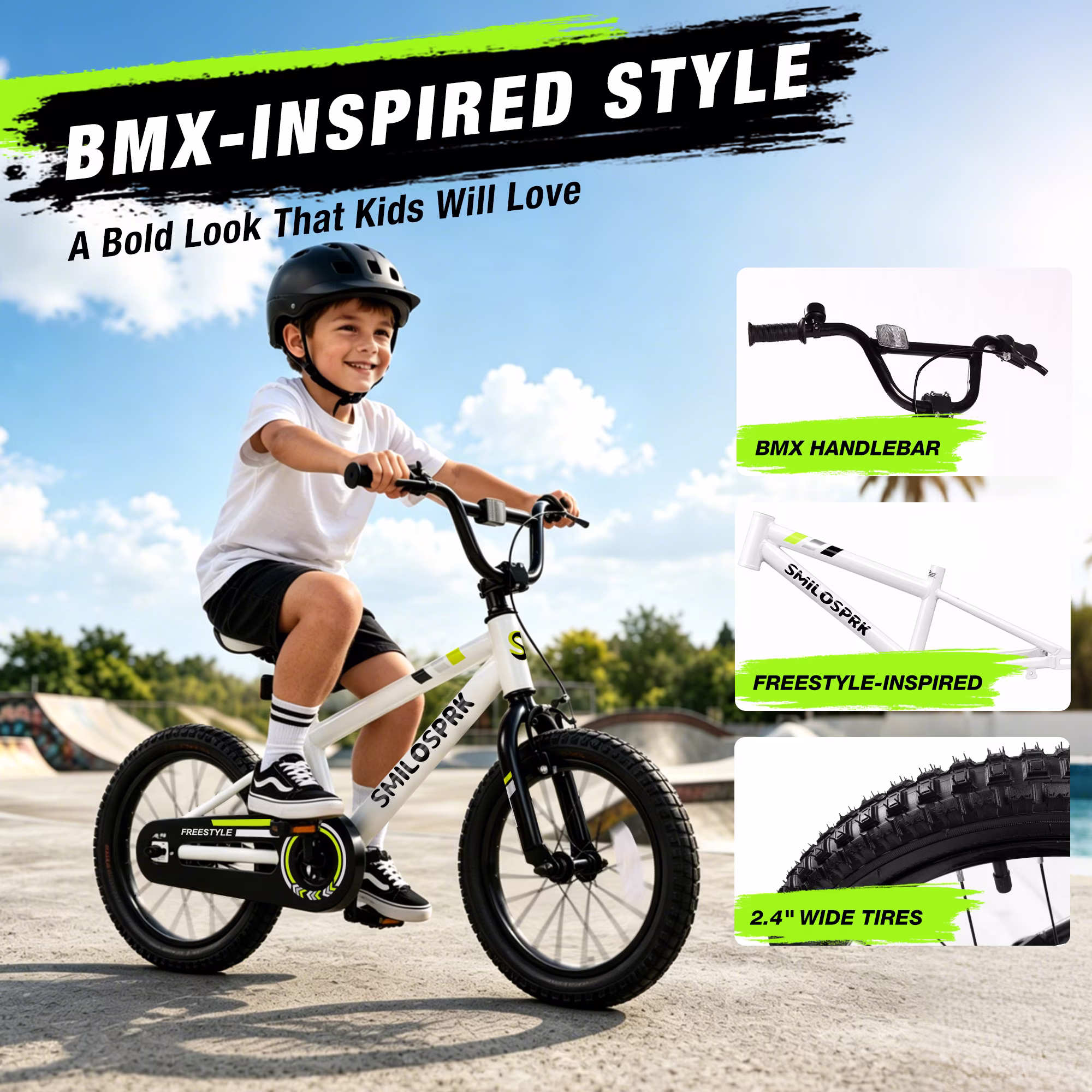 SmiloSprk 12 Inch Kids Bike BMX Style, Training Wheels, Coaster Brake & Full Chain Guard, Adjustable Seat, Gift for Boys & Girls 2-7 Year Old, White - Image 5