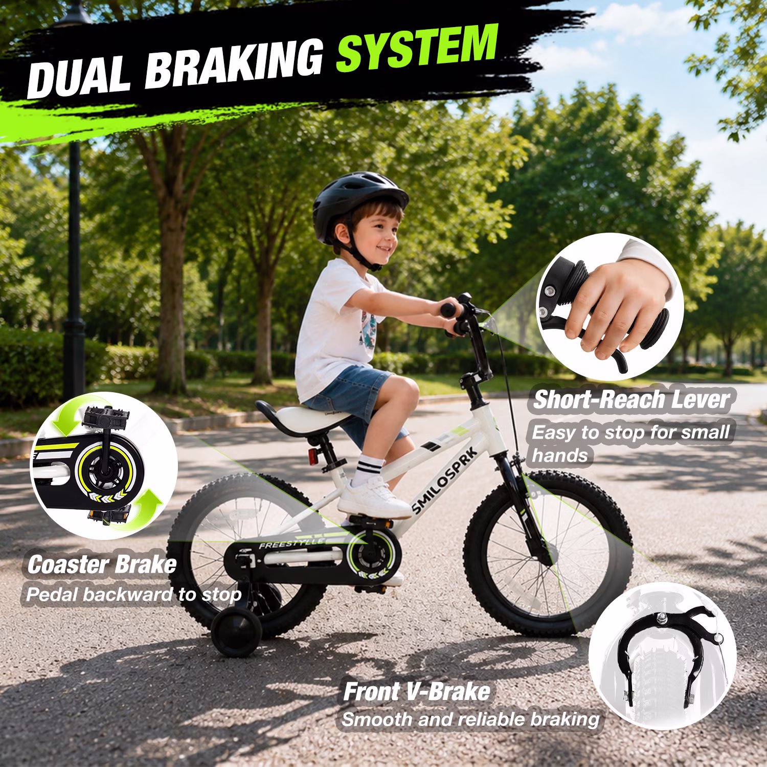 SmiloSprk 12 Inch Kids Bike BMX Style, Training Wheels, Coaster Brake & Full Chain Guard, Adjustable Seat, Gift for Boys & Girls 2-7 Year Old, White - Image 2