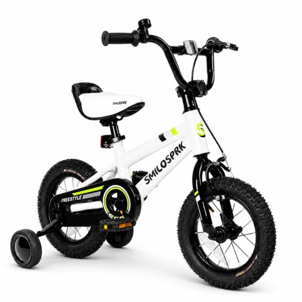 SmiloSprk 12 Inch Kids Bike BMX Style, Training Wheels, Coaster Brake & Full Chain Guard, Adjustable Seat, Gift for Boys & Girls 2-7 Year Old, White