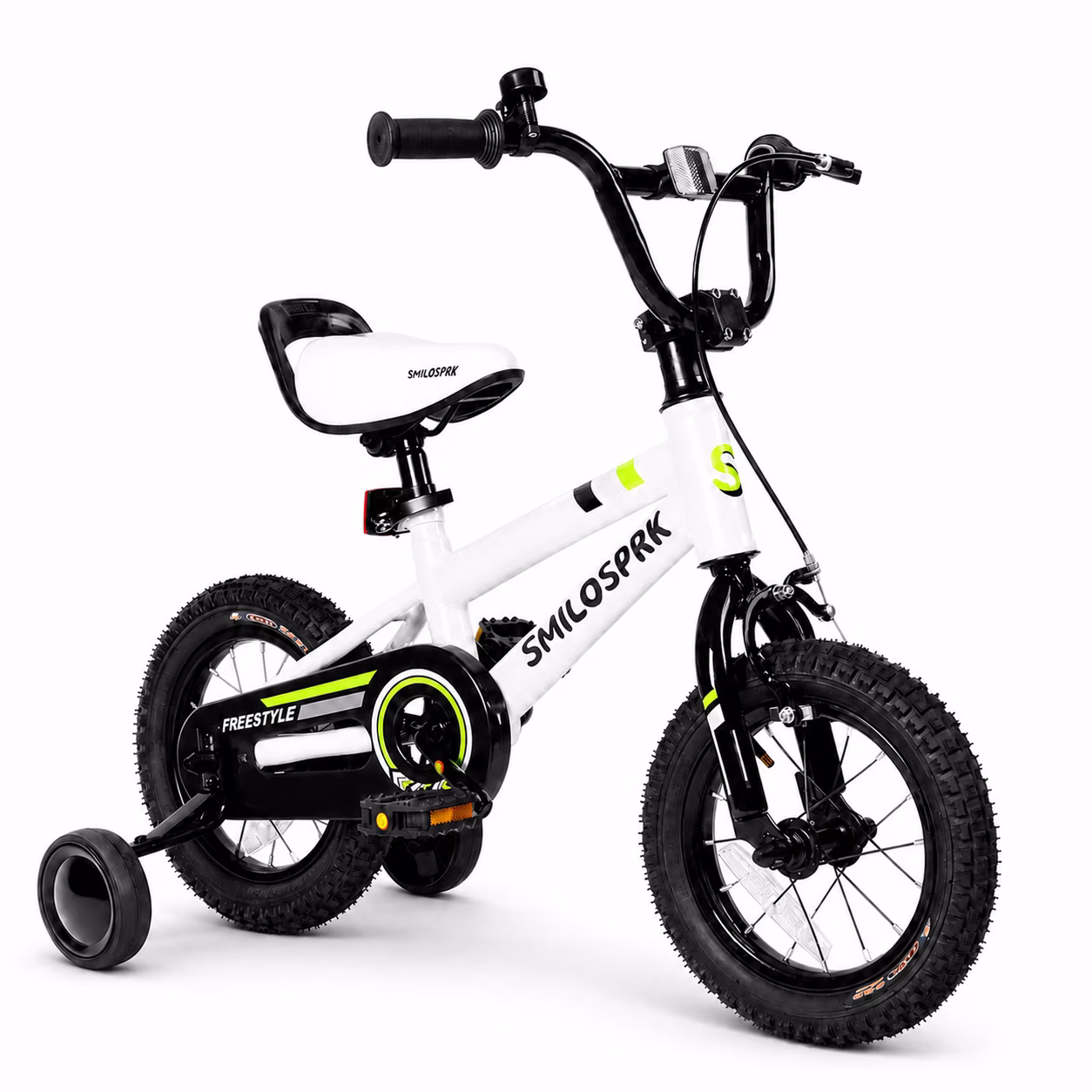 SmiloSprk 12 Inch Kids Bike BMX Style, Training Wheels, Coaster Brake & Full Chain Guard, Adjustable Seat, Gift for Boys & Girls 2-7 Year Old, White