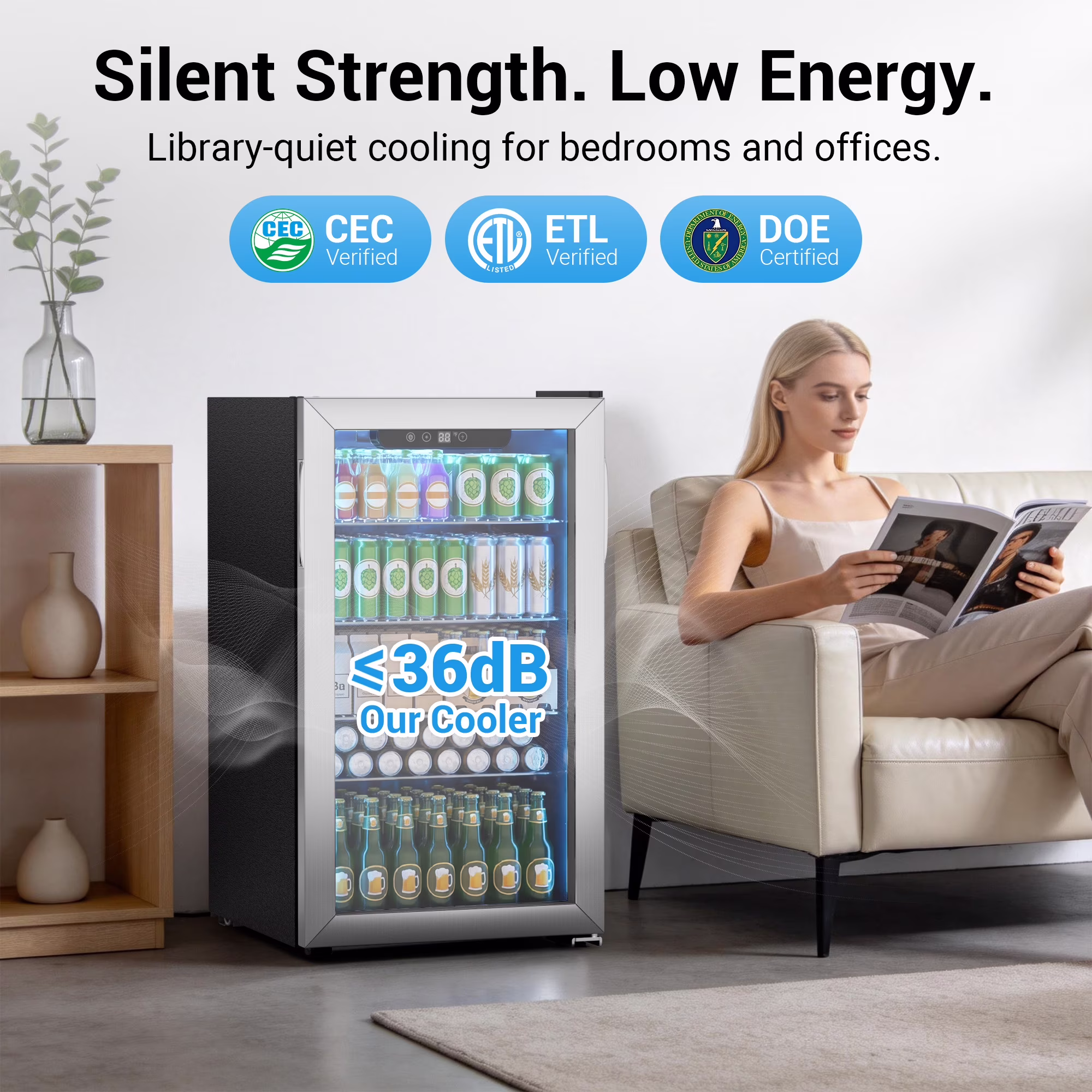 Snowyermine 130 Can Beverage Refrigerator and Cooler with Glass Door for Home, 17.3 in W, 31.5 in H, Silver - Image 2