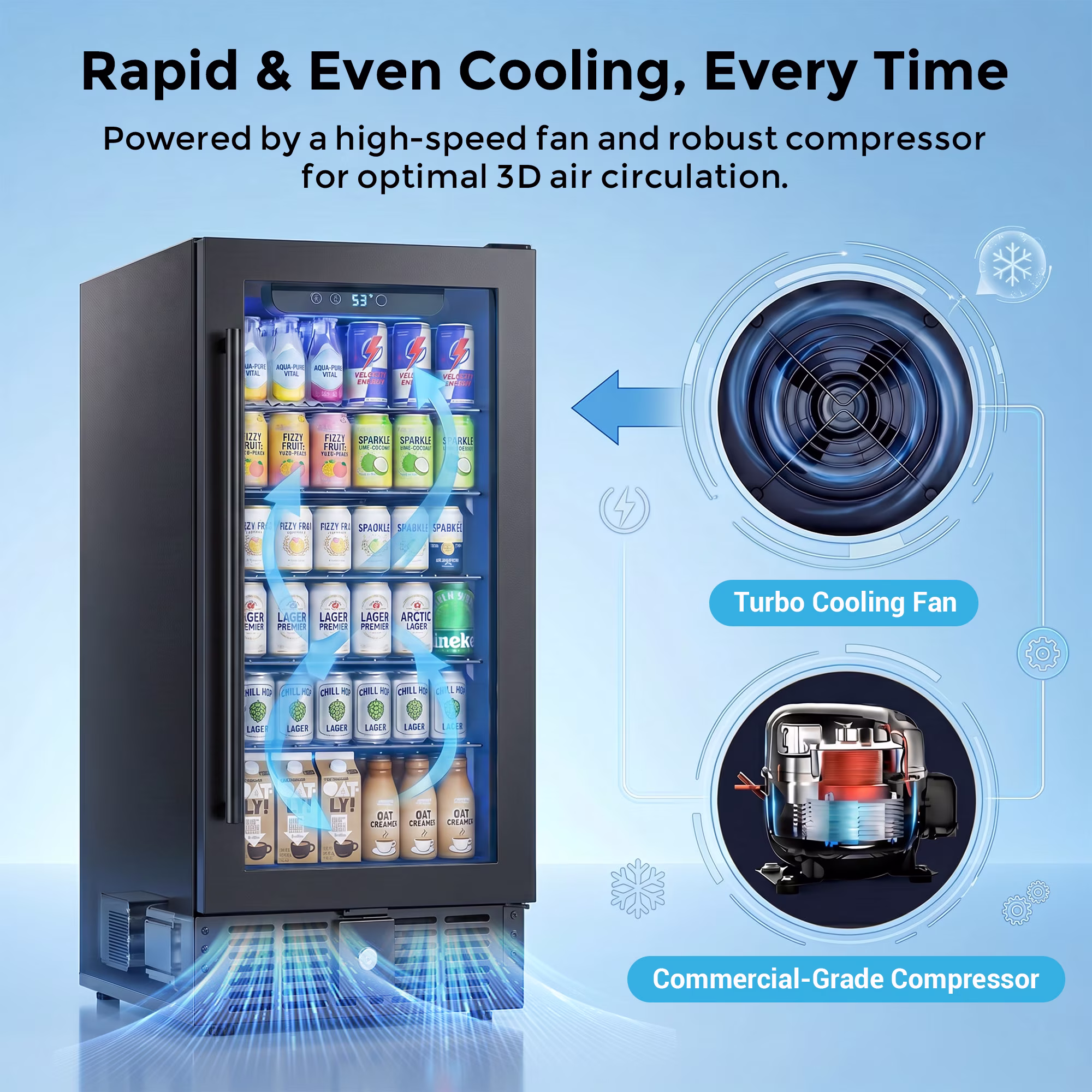 Snowyermine 15 Inch Beverage Refrigerator with Glass Door, 160 Cans Under Counter Wine Fridge for Home Kitchen, Bar or Office, Black Stainless Steel - Image 4