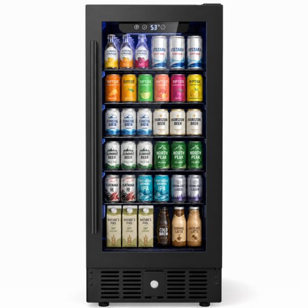 Snowyermine 15 Inch Beverage Refrigerator with Glass Door, 160 Cans Under Counter Wine Fridge for Home Kitchen, Bar or Office, Black Stainless Steel