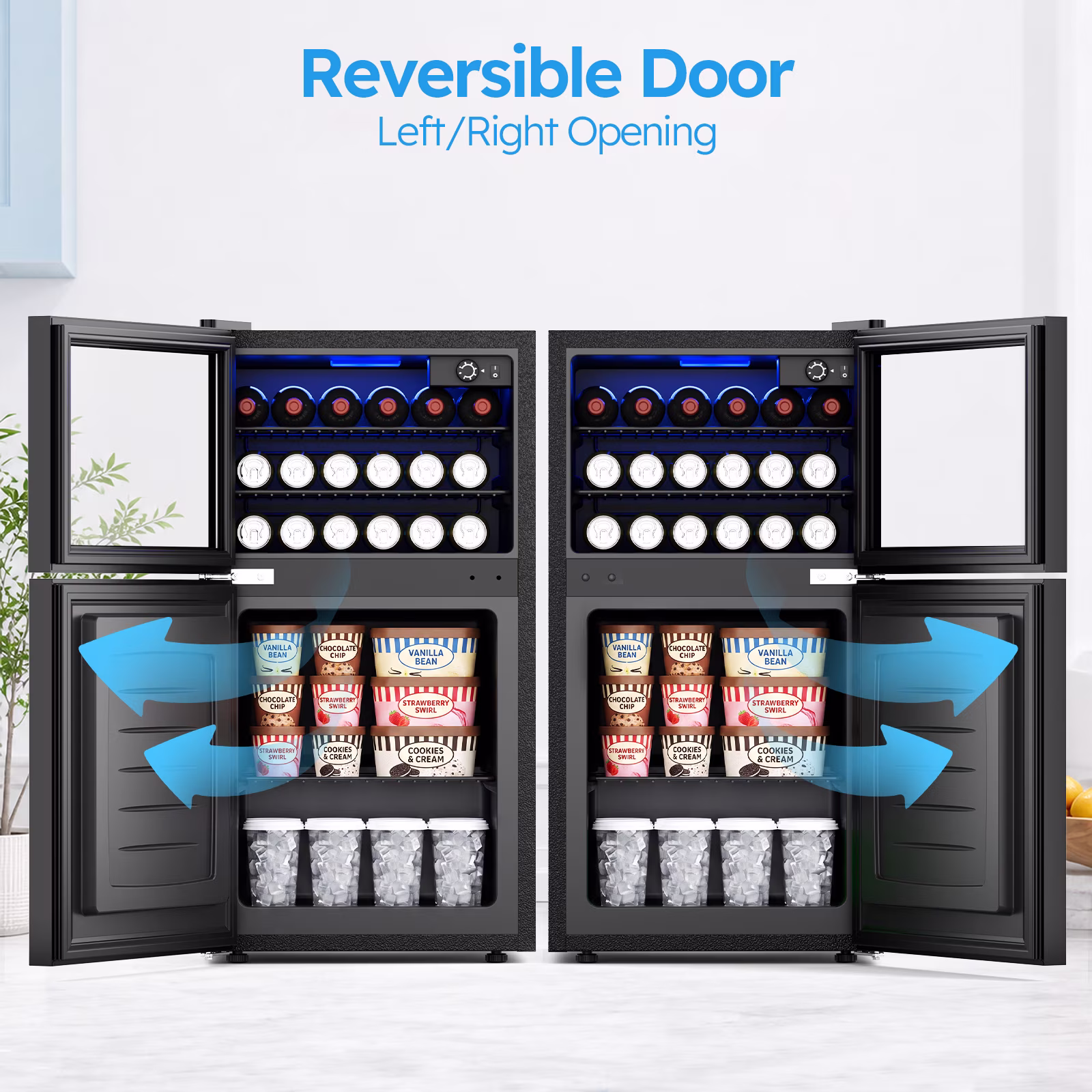 Snowyermine 2-in-1 Beverage Refrigerator with Bottom Freezer, Compact Dual-Zone Mini Fridge with Glass Door & LED Light, Freestanding for Home, Office, Dorm - Image 3