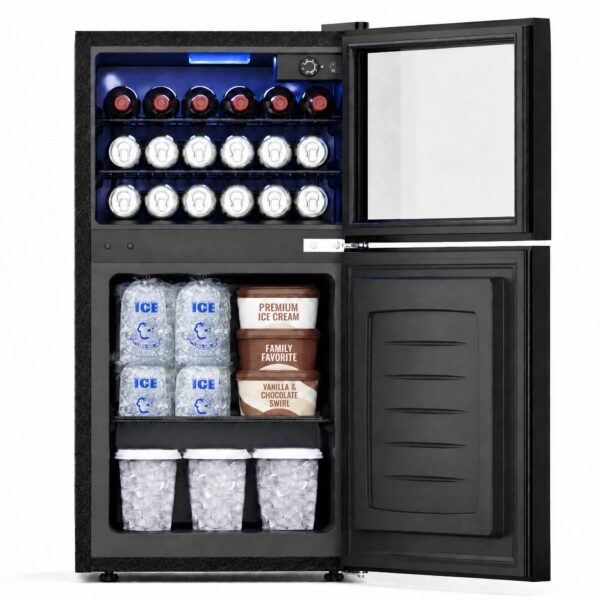 Snowyermine 2-in-1 Beverage Refrigerator with Bottom Freezer, Compact Dual-Zone Mini Fridge with Glass Door & LED Light, Freestanding for Home, Office, Dorm
