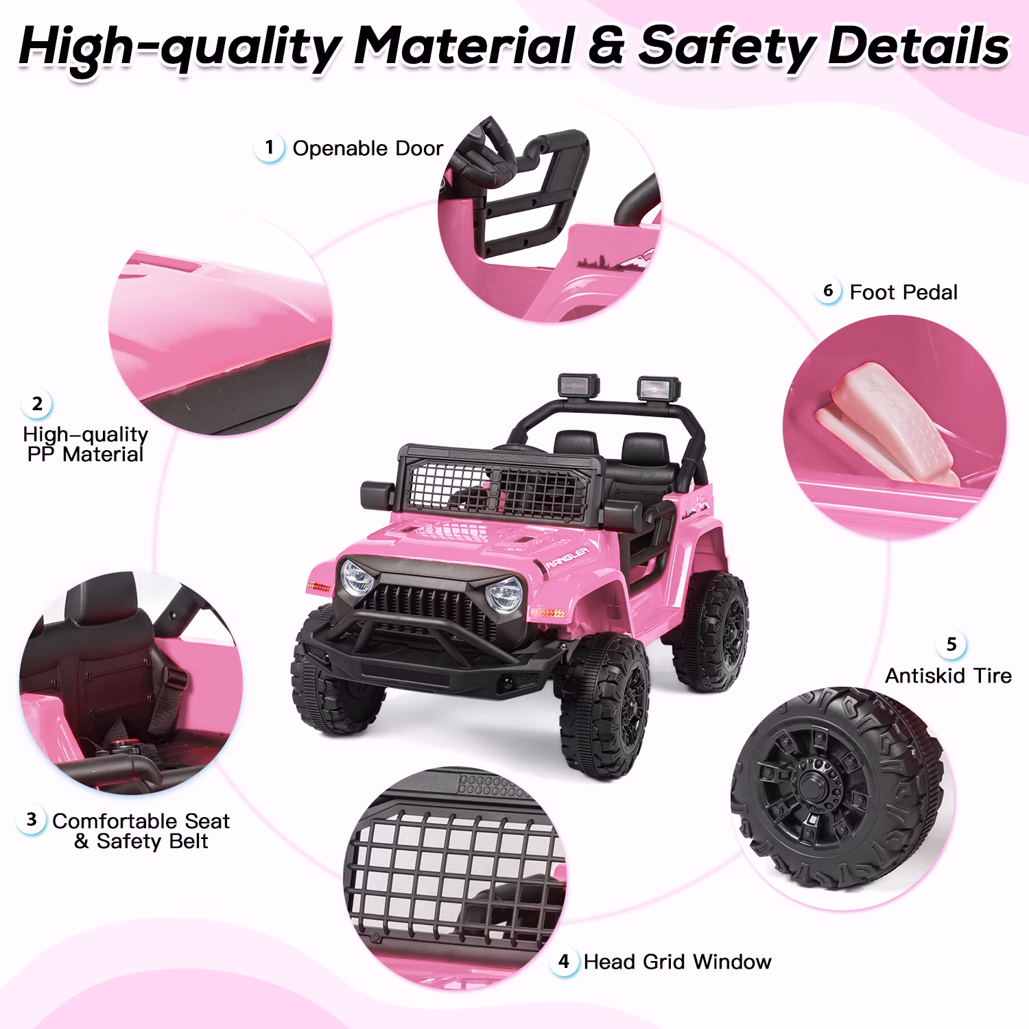 SOBREMESA 12V Kids Ride on Jeep Car with Parent Remote Control, Battery Powered Electric Vehicle, Forward & Reverse, Spring Suspension, Music & Lights, Pink - Image 3