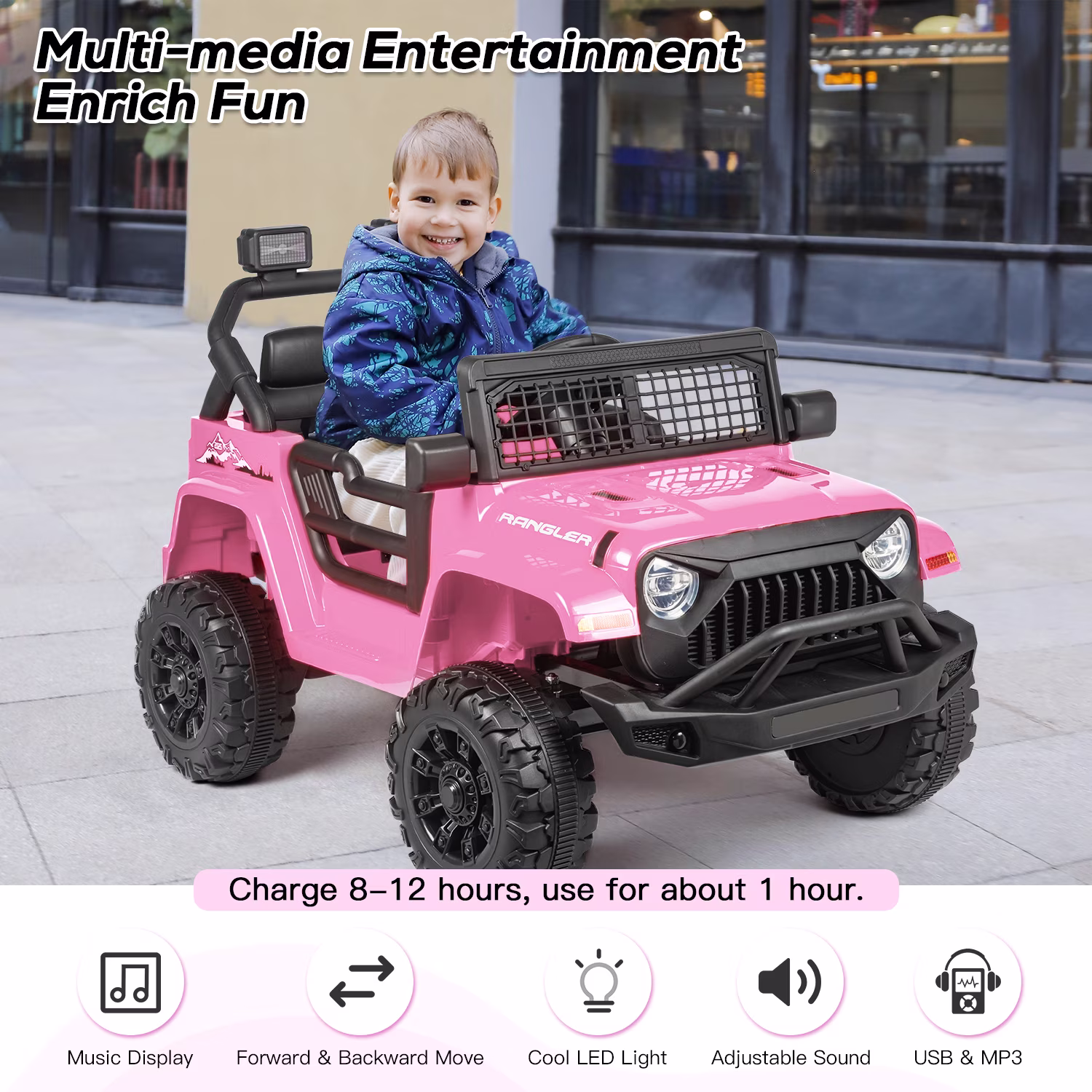 SOBREMESA 12V Kids Ride on Jeep Car with Parent Remote Control, Battery Powered Electric Vehicle, Forward & Reverse, Spring Suspension, Music & Lights, Pink - Image 4