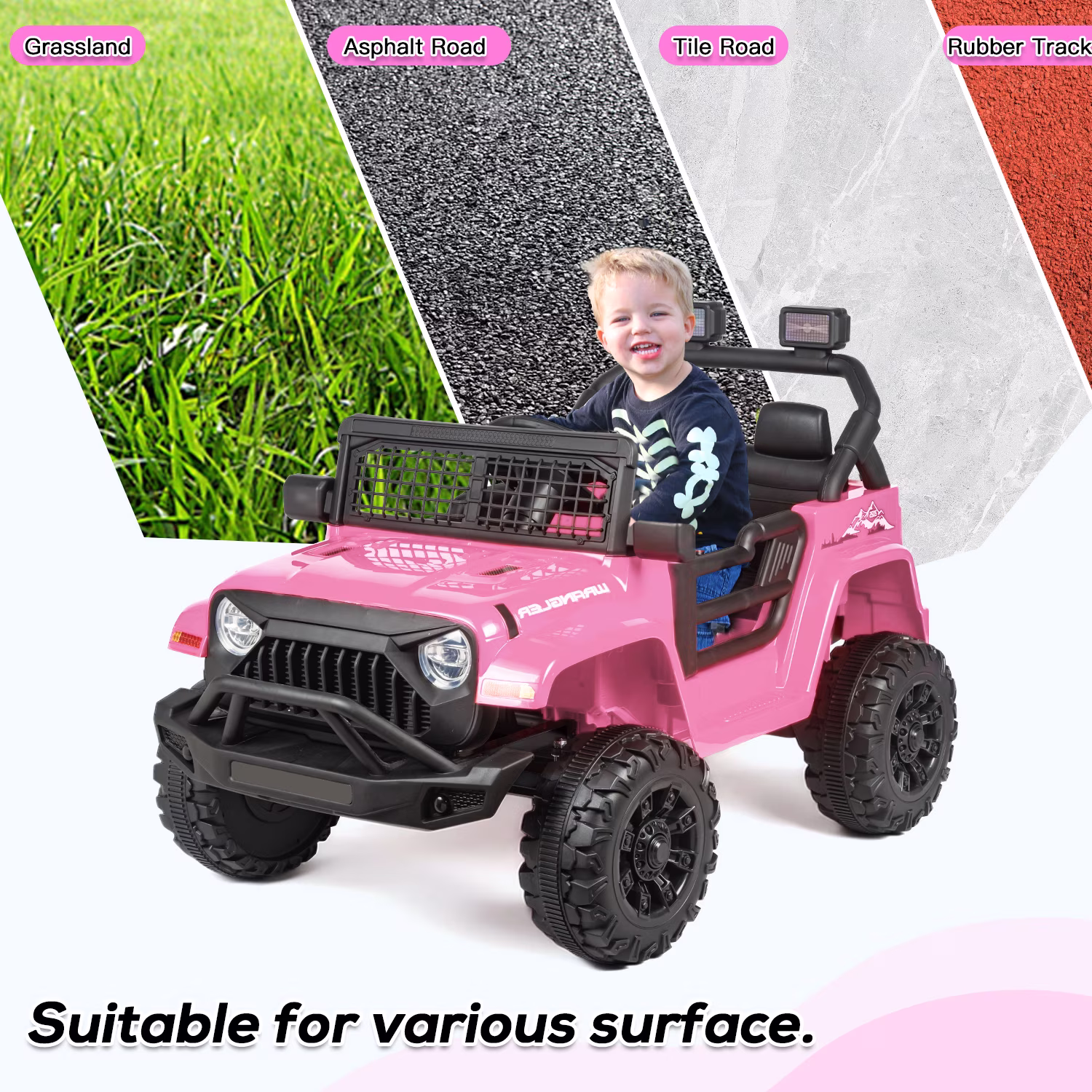 SOBREMESA 12V Kids Ride on Jeep Car with Parent Remote Control, Battery Powered Electric Vehicle, Forward & Reverse, Spring Suspension, Music & Lights, Pink - Image 2