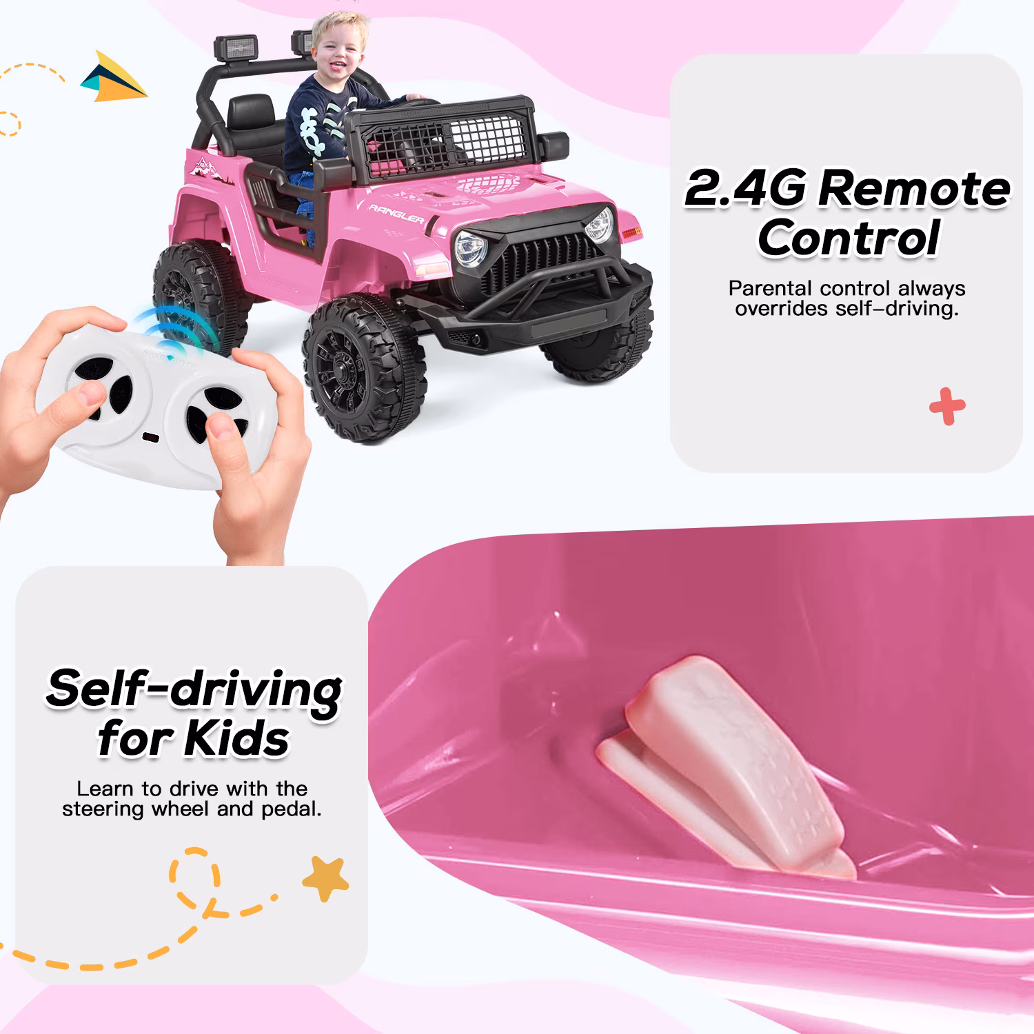 SOBREMESA 12V Kids Ride on Jeep Car with Parent Remote Control, Battery Powered Electric Vehicle, Forward & Reverse, Spring Suspension, Music & Lights, Pink - Image 5