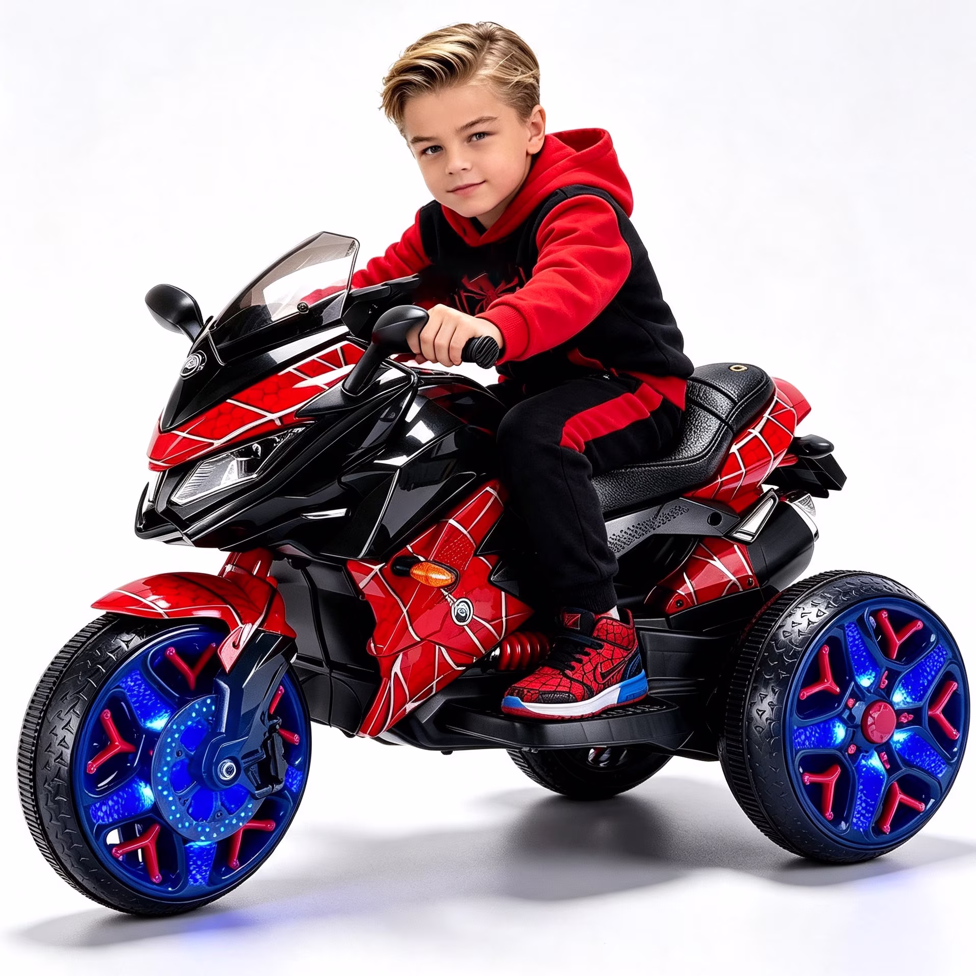 Spider 12V Kids Ride On Motorcycle for 3-6 Years Old, Manual Throttle,Light-Up Wheels,Music,PU Seat