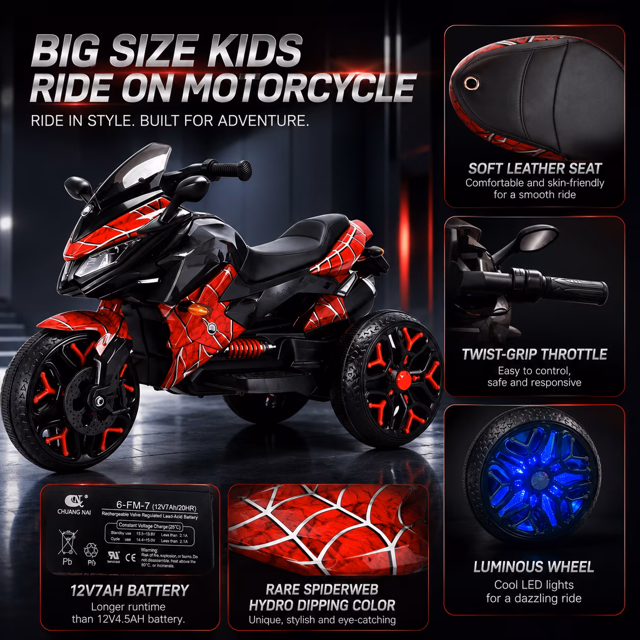 Spider 12V Kids Ride On Motorcycle for 3-6 Years Old, Manual Throttle,Light-Up Wheels,Music,PU Seat - Image 3