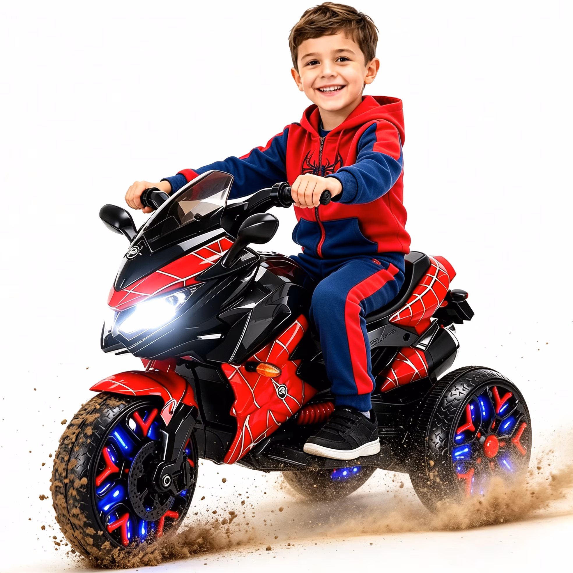 Spider Motorcycle for Kids, Toddler Ride on Toy with PU Seat and Light-Up Wheels, Hand Throttle
