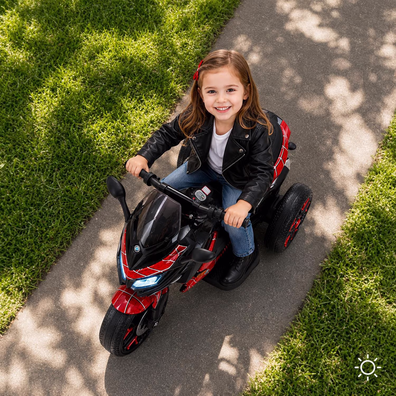 Spider Motorcycle for Kids, Toddler Ride on Toy with PU Seat and Light-Up Wheels, Hand Throttle - Image 2