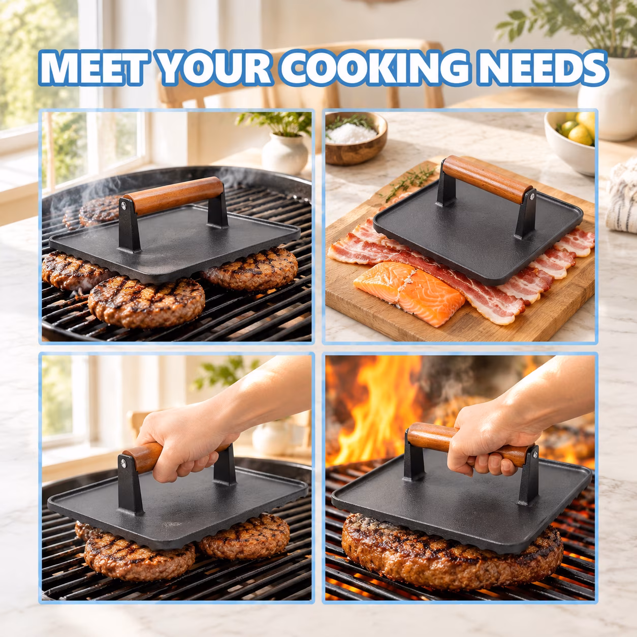 Square Cast Iron Burger Press Smash Griddle Cooking Weight For Blackstone - Image 3
