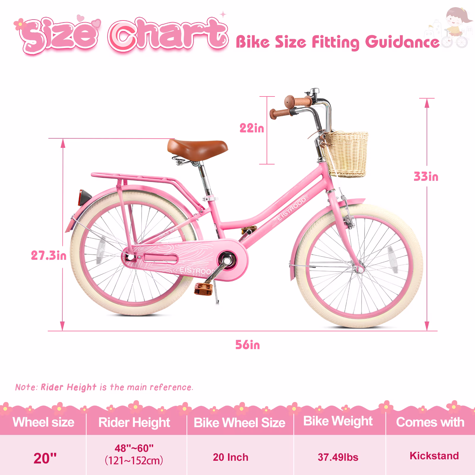 STICCIO 20 inch Girls Bike with Basket and Rear Rack, Adjustable Seat, Dual Brake, Chain Guard, Kids Beach Cruiser Bike for Ages 7 - Image 2