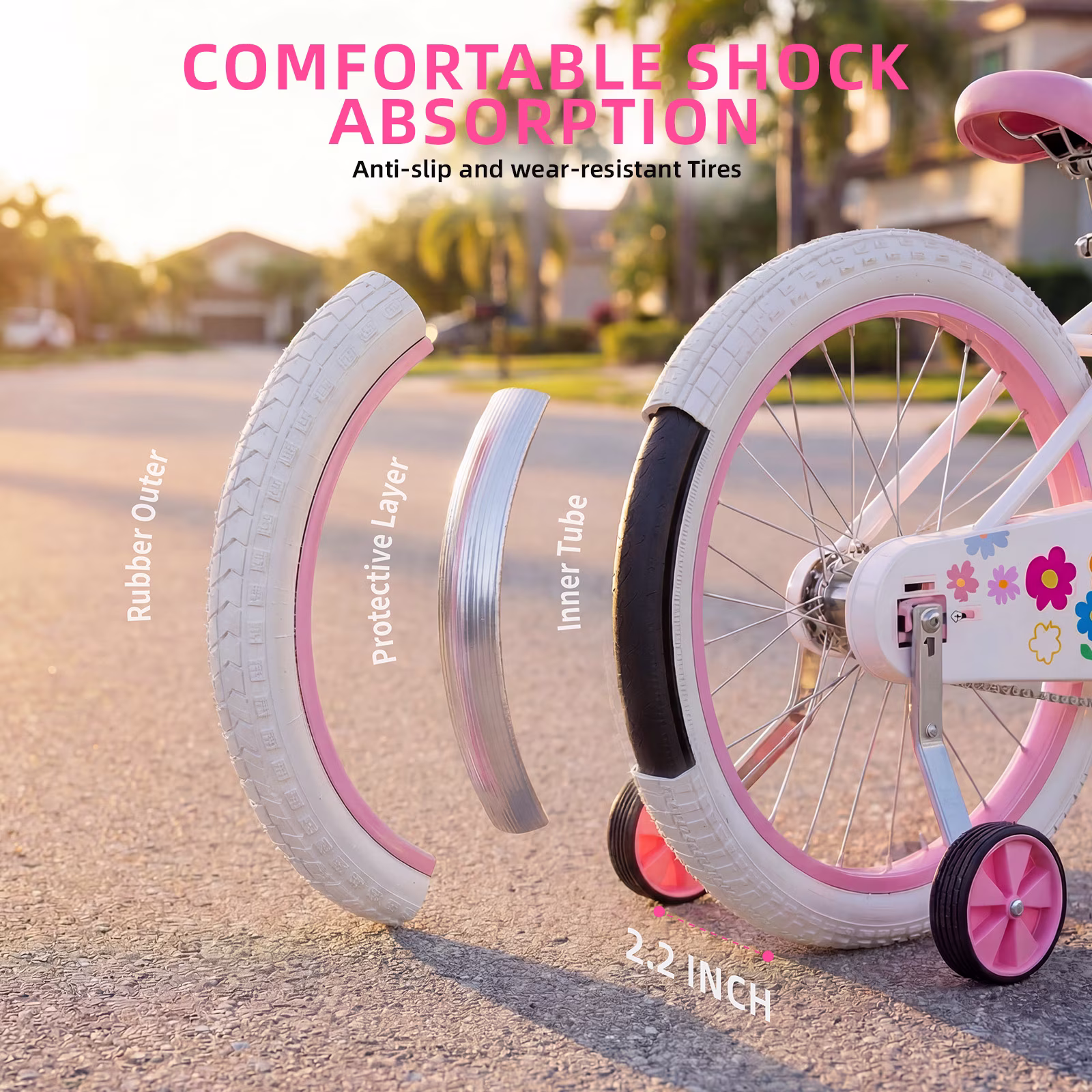 SUGIFT 16 Inch Girls Bike for 2-8 Years Old Kids, Kids Bicycle with Training Wheels, Basket and Doll Seat, Pink - Image 3