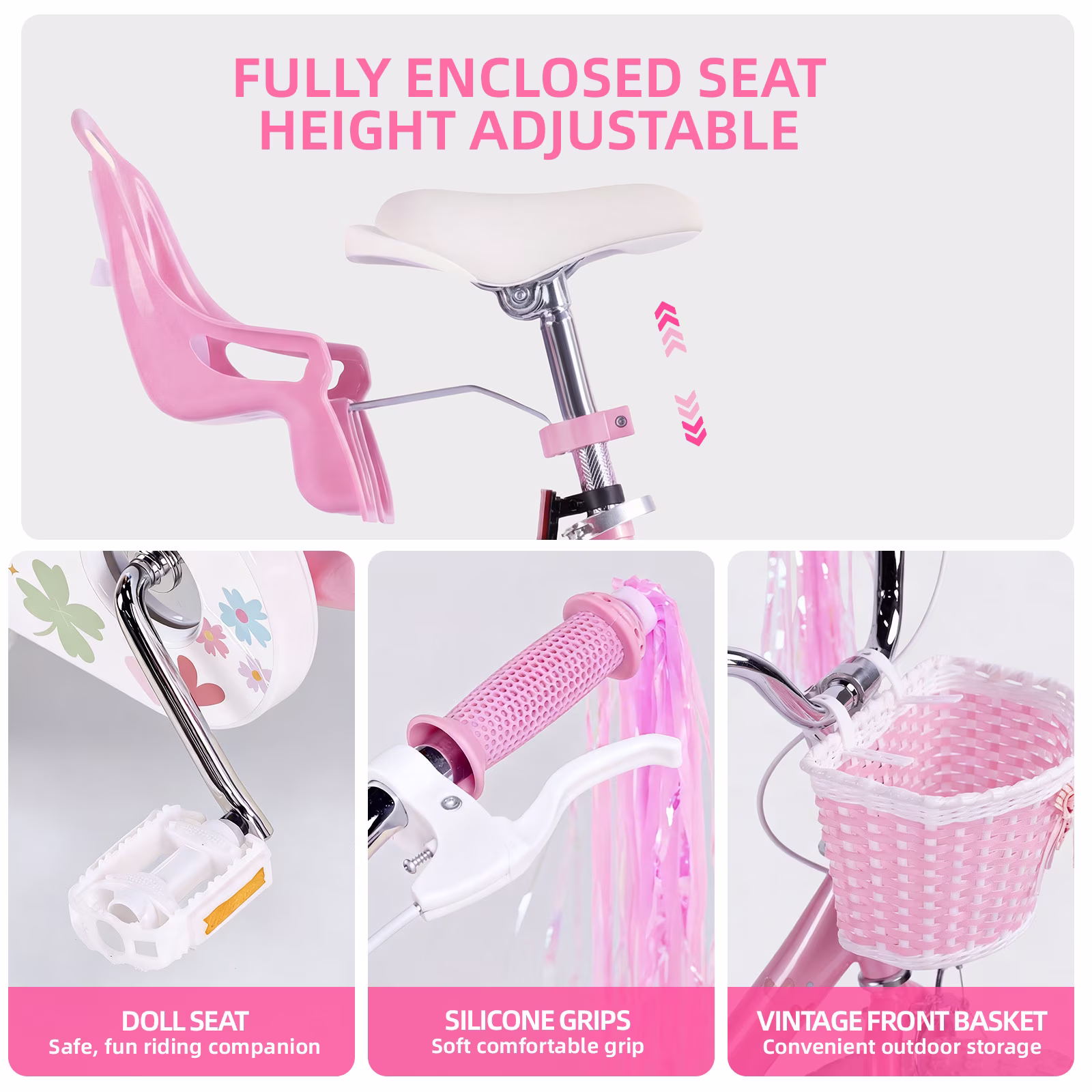 SUGIFT 16 Inch Girls Bike for 2-8 Years Old Kids, Kids Bicycle with Training Wheels, Basket and Doll Seat, Pink - Image 4