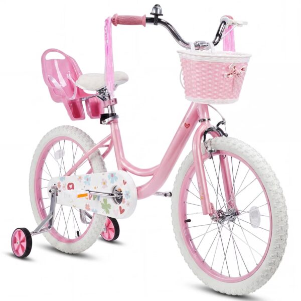 SUGIFT 16 Inch Girls Bike for 2-8 Years Old Kids, Kids Bicycle with Training Wheels, Basket and Doll Seat, Pink