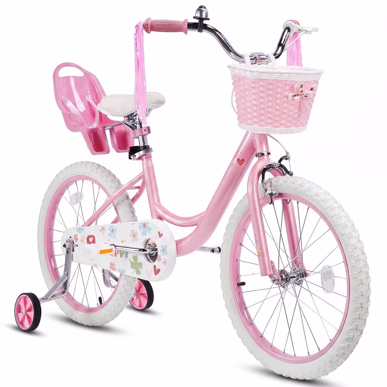 SUGIFT 16 Inch Girls Bike for 2-8 Years Old Kids, Kids Bicycle with Training Wheels, Basket and Doll Seat, Pink