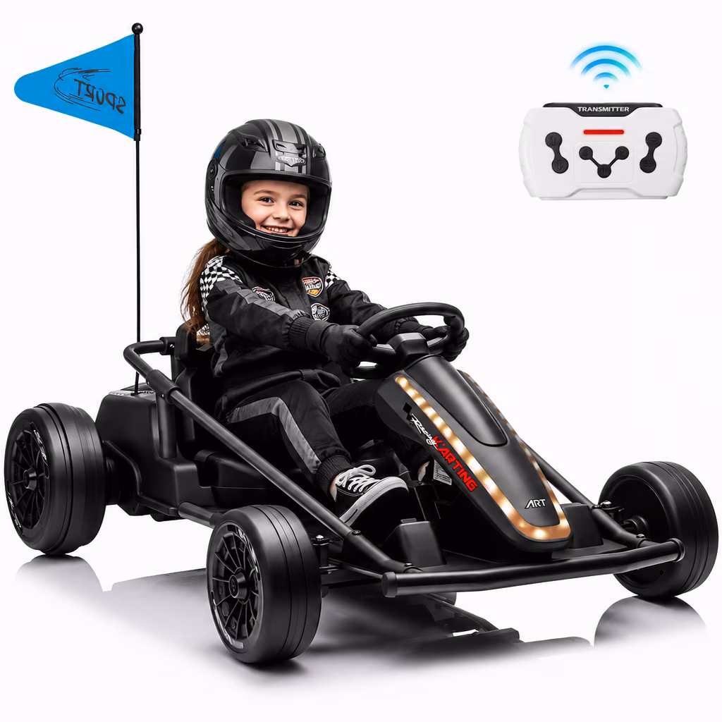 Sunnyfree 24 Volt Ride on Toys for Kids, 14Ah Electric Go Kart with Remote Control, 5–10 MPH, Drift Function, 2×200W Motors, Bluetooth Music, LED Lights, Seat Belt, Black