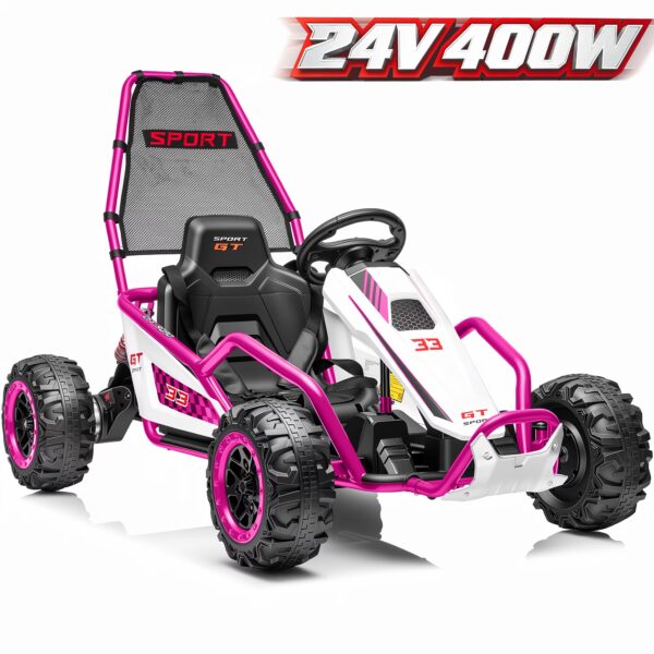 Sunnyfree 24V Drift Go Kart for Kids Ages 6+, 400W Electric Ride On Car with Rear Suspension, Bluetooth Music, LED Lights, Up to 8.5MPH, Pink