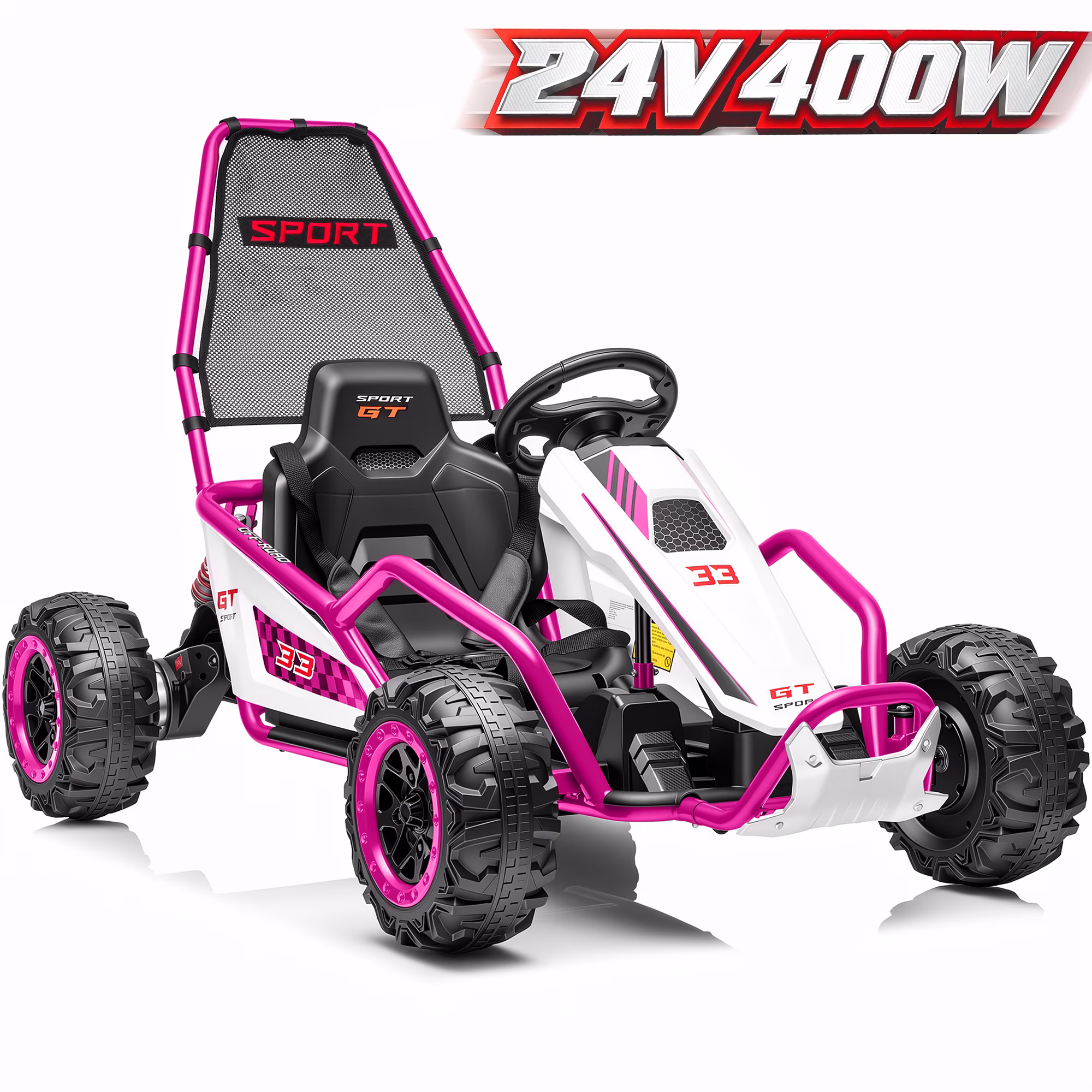 Sunnyfree 24V Drift Go Kart for Kids Ages 6+, 400W Electric Ride On Car with Rear Suspension, Bluetooth Music, LED Lights, Up to 8.5MPH, Pink