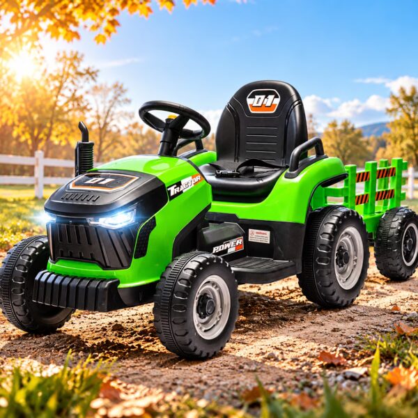 Sunnyfree 24V Kids Ride on Tractor, Electric Tractor with Detachable Trailer, Ride on Toys with Remote Control, 2×200W Motors, Bluetooth, LED Lights, Ages 3-8, Green