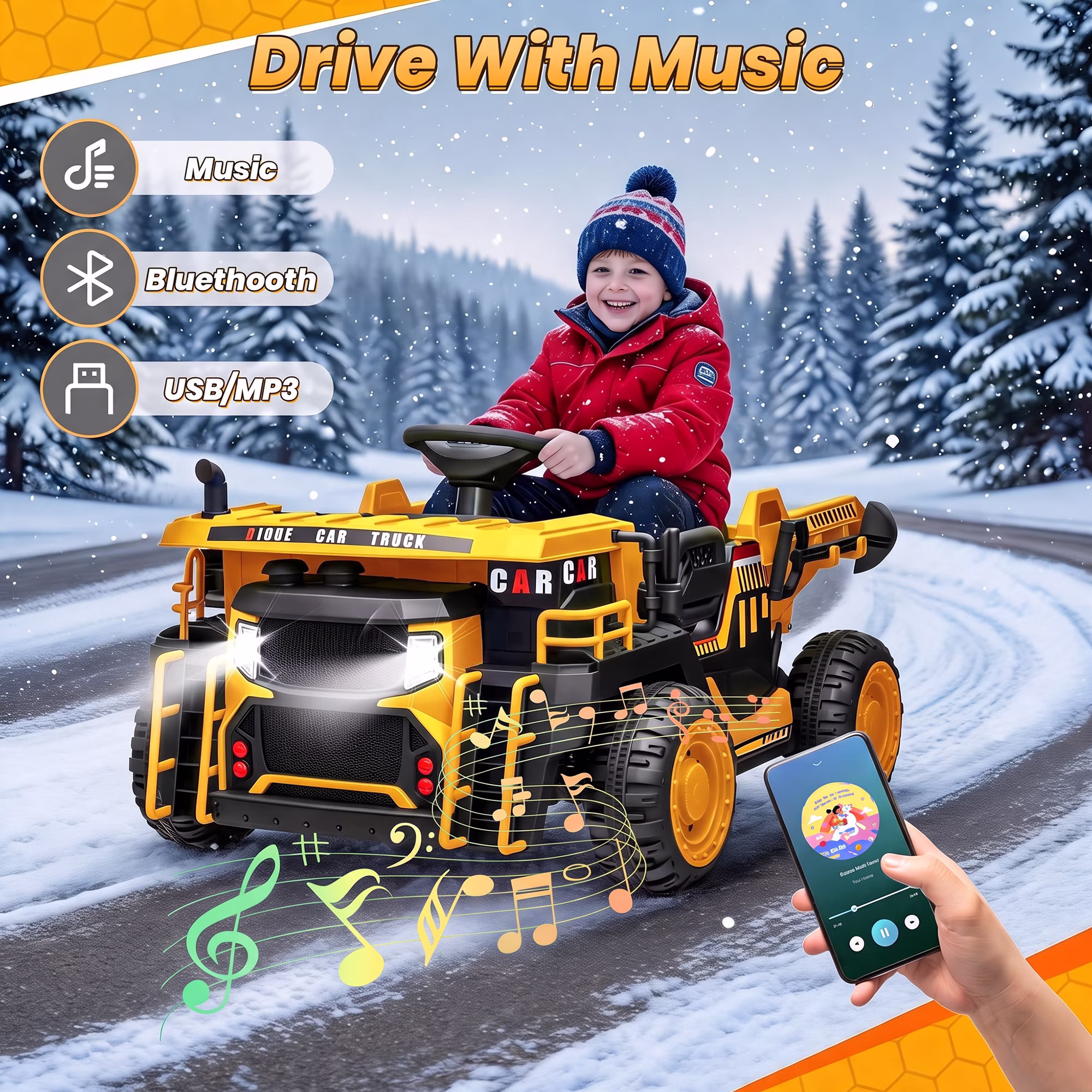 Sunnyfree 24V Ride On Dump Truck for Kids, 2 Seater Ride on Toys with Remote Control, Electric Dump Bed, 3 Speeds, Bluetooth Music, Yellow - Image 4