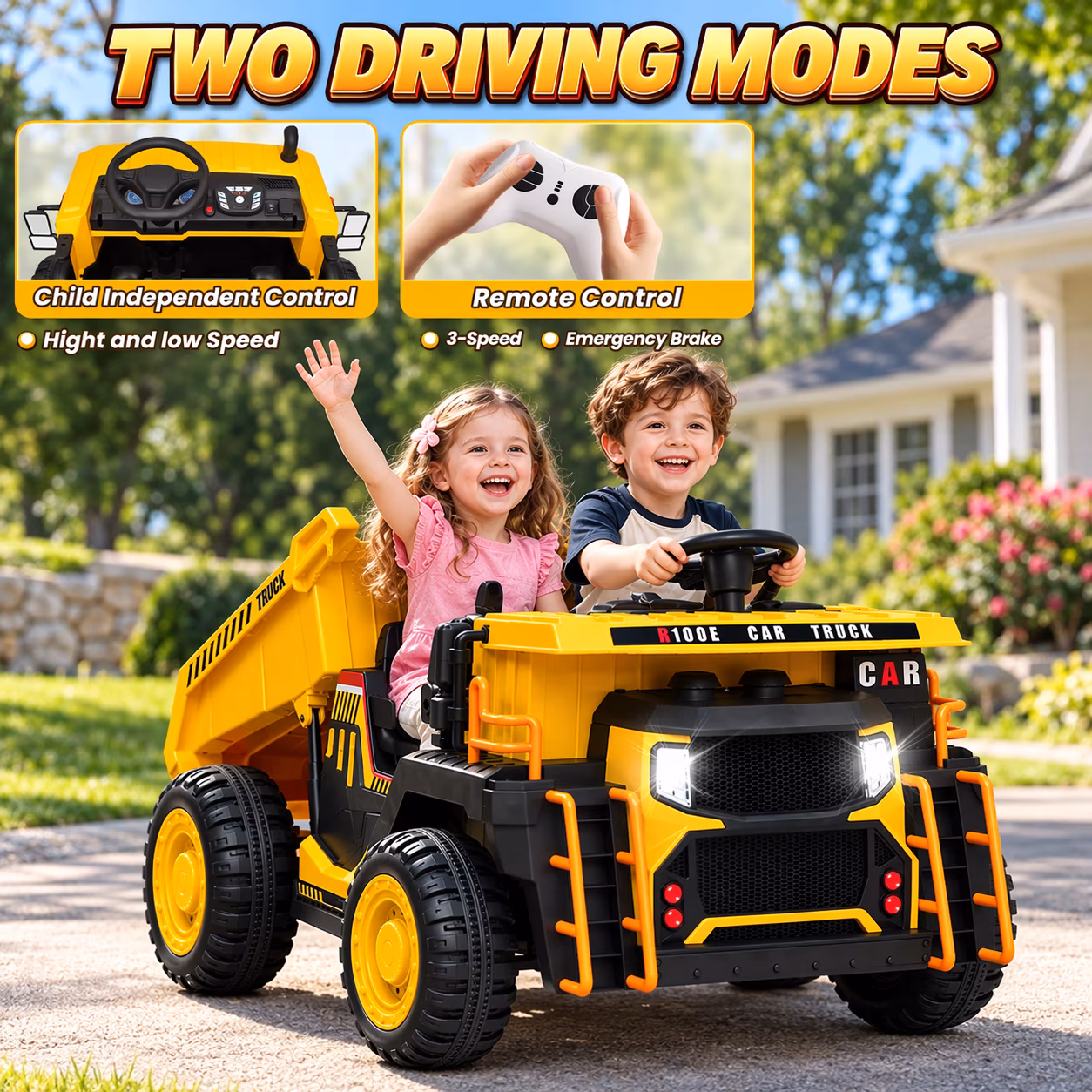 Sunnyfree 24V Ride On Dump Truck for Kids, 2 Seater Ride on Toys with Remote Control, Electric Dump Bed, 3 Speeds, Bluetooth Music, Yellow - Image 5