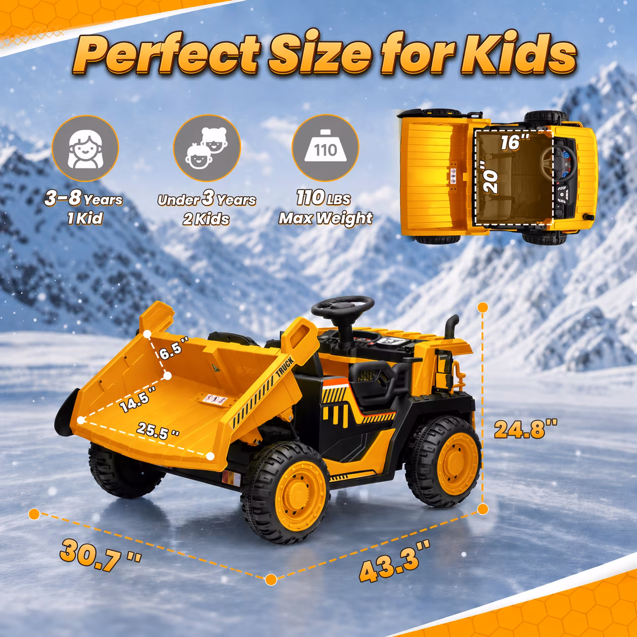Sunnyfree 24V Ride On Dump Truck for Kids, 2 Seater Ride on Toys with Remote Control, Electric Dump Bed, 3 Speeds, Bluetooth Music, Yellow - Image 2