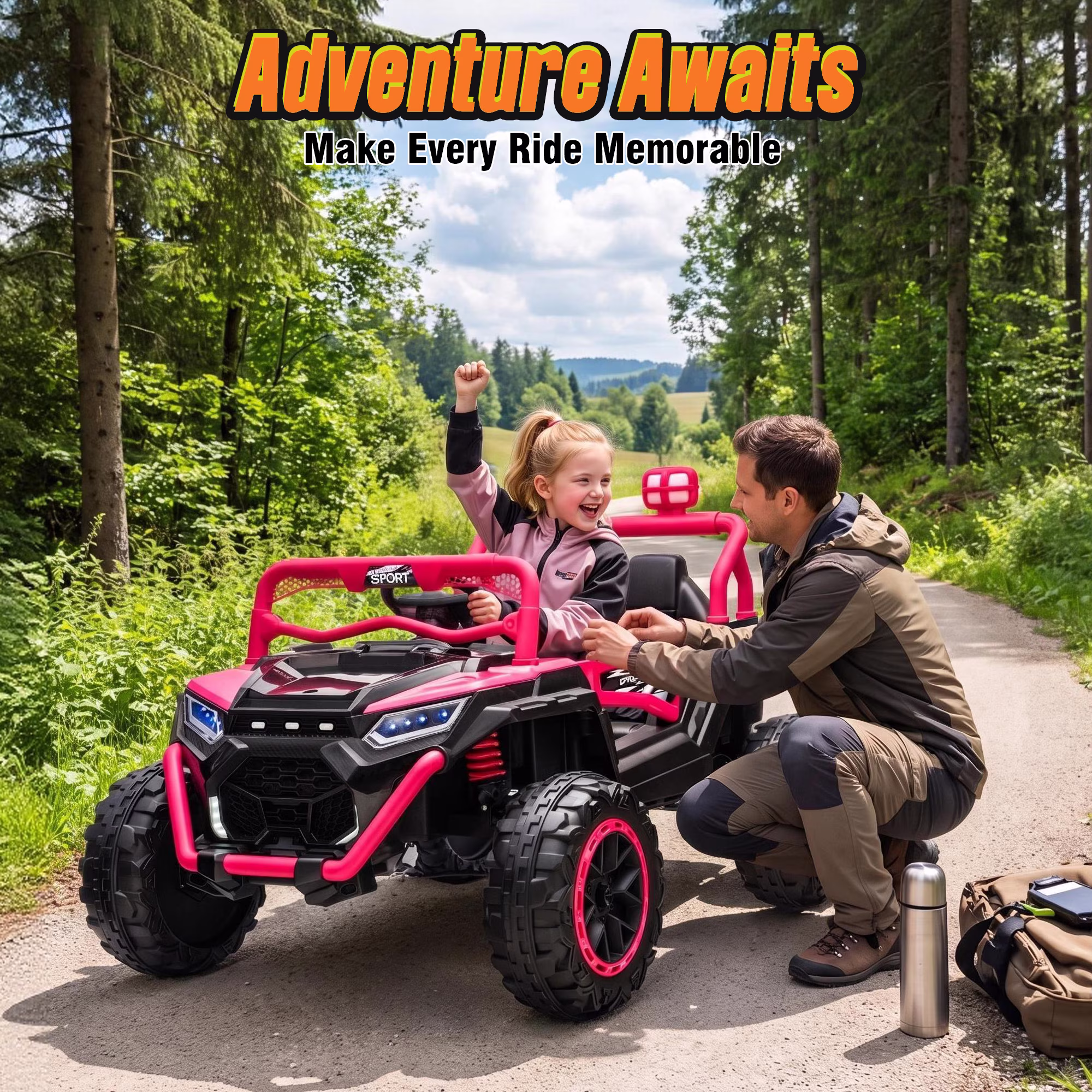 Sunnyfree 24V Ride On Toys, 800W 2 Seater Power Car Wheel with Romote Control, Spring Suspension, Bluetooth Music, Rose - Image 2