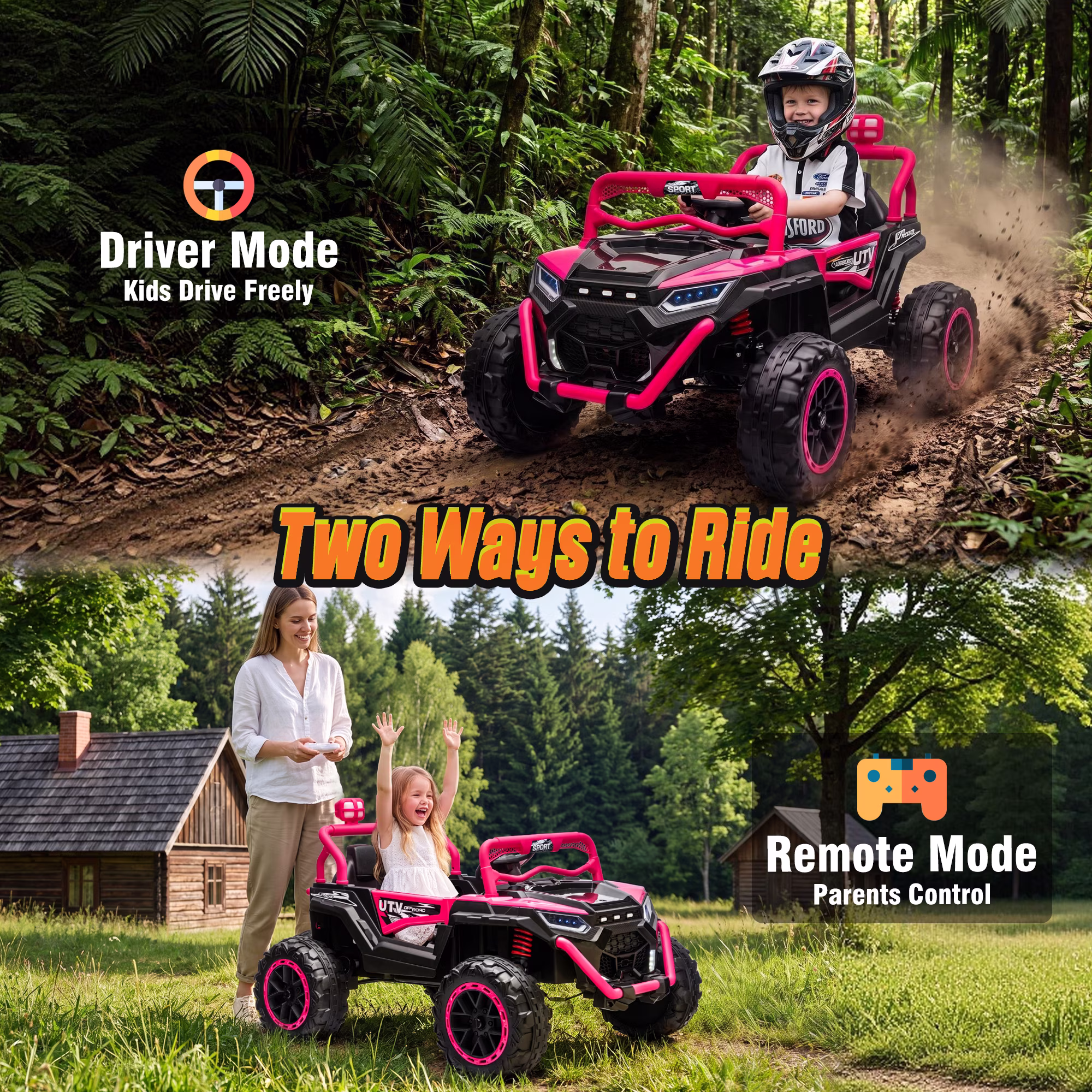 Sunnyfree 24V Ride On Toys, 800W 2 Seater Power Car Wheel with Romote Control, Spring Suspension, Bluetooth Music, Rose - Image 3