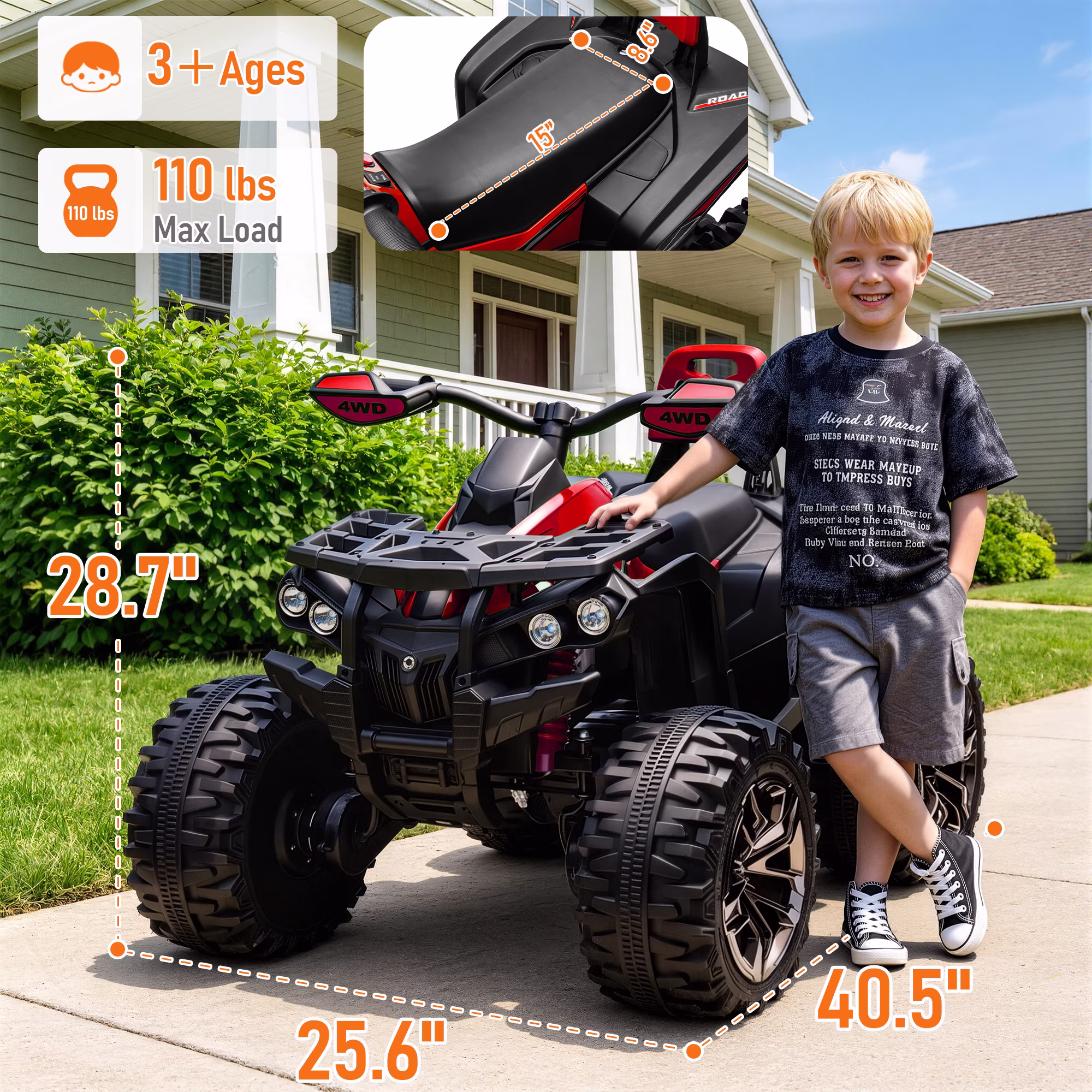 Sunnyfree 4WD ATV for Kids 24V Ride on Toy, 2-Seater Power Car Wheels with Remote, Bluetooth, Spring Suspension, Includes 2 Pairs Knee Pads, Red - Image 3