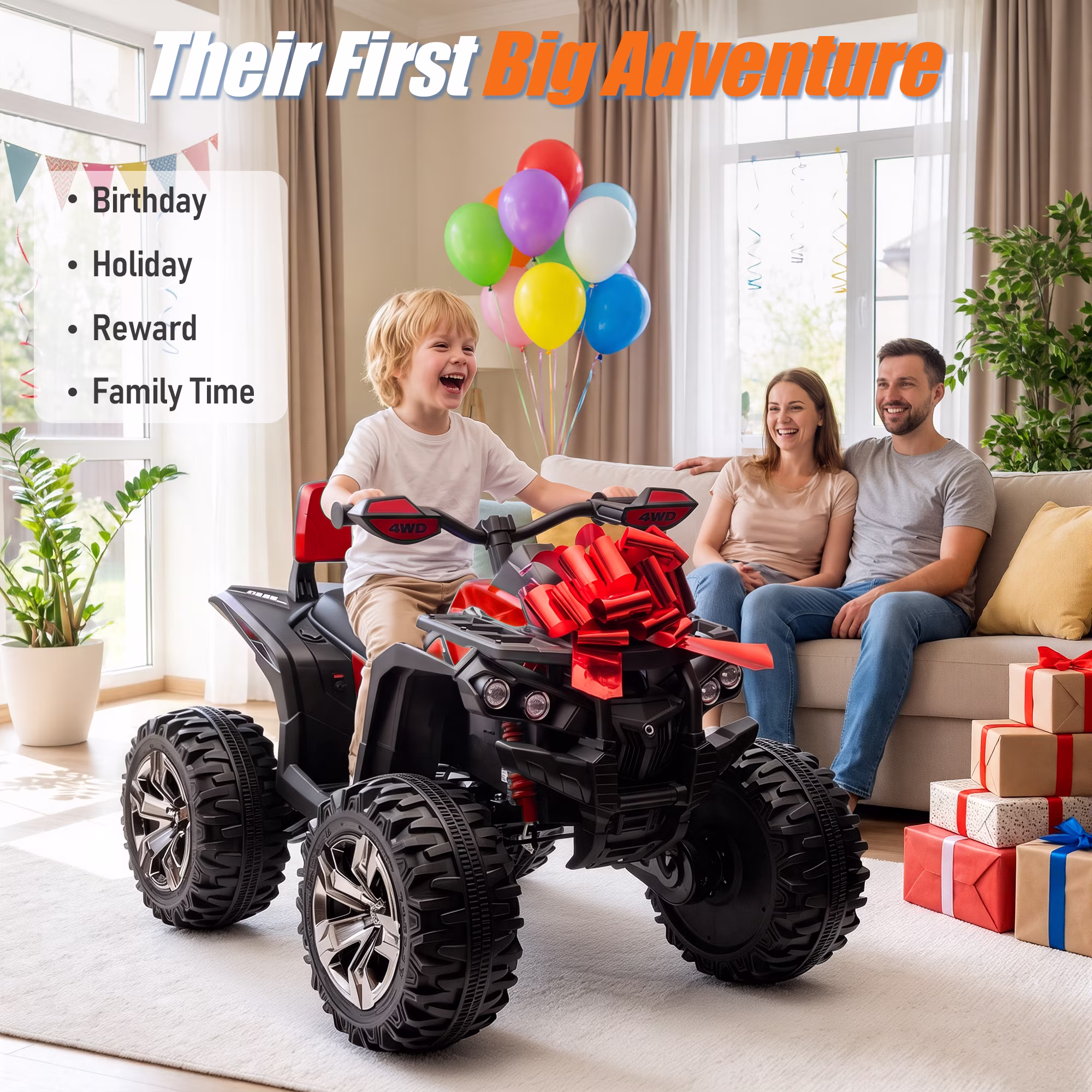 Sunnyfree 4WD ATV for Kids 24V Ride on Toy, 2-Seater Power Car Wheels with Remote, Bluetooth, Spring Suspension, Includes 2 Pairs Knee Pads, Red - Image 5