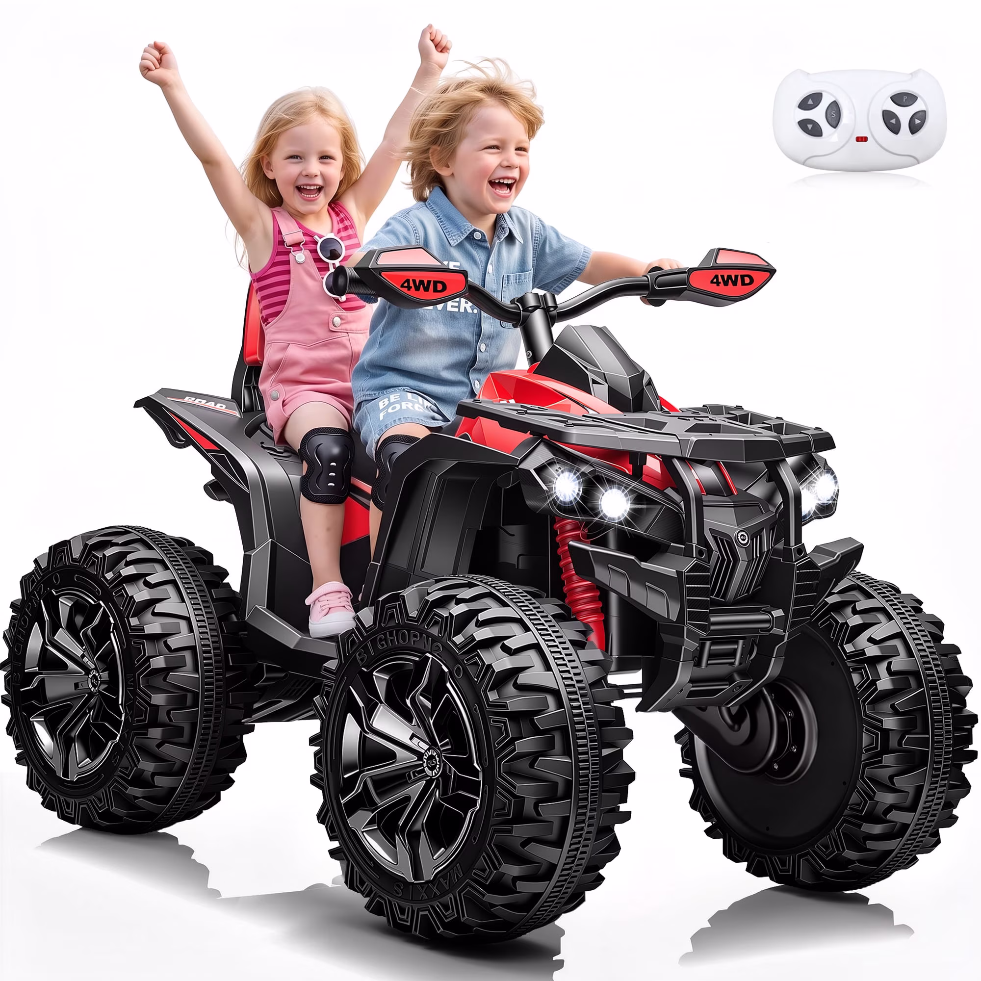 Sunnyfree 4WD ATV for Kids 24V Ride on Toy, 2-Seater Power Car Wheels with Remote, Bluetooth, Spring Suspension, Includes 2 Pairs Knee Pads, Red
