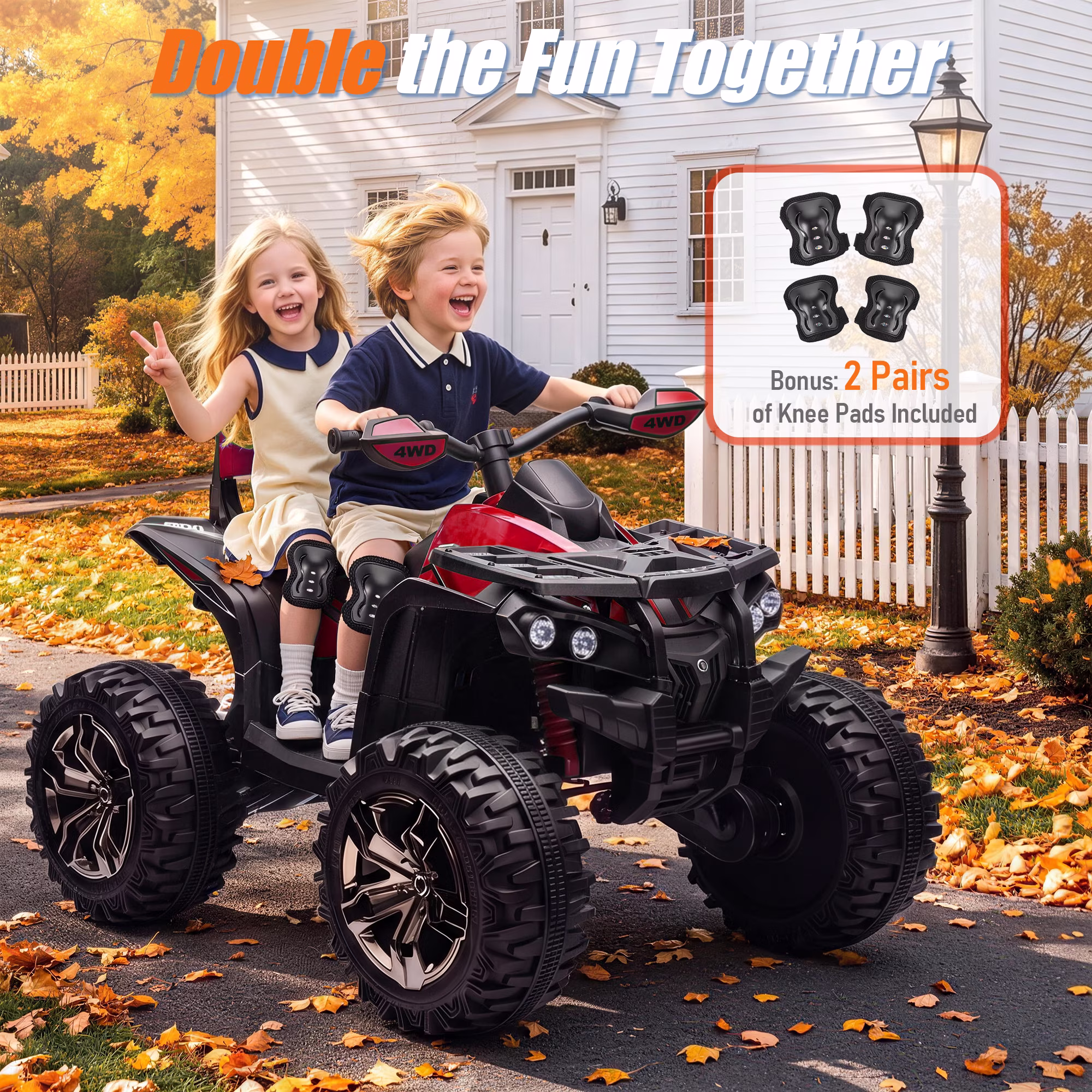 Sunnyfree 4WD ATV for Kids 24V Ride on Toy, 2-Seater Power Car Wheels with Remote, Bluetooth, Spring Suspension, Includes 2 Pairs Knee Pads, Red - Image 4