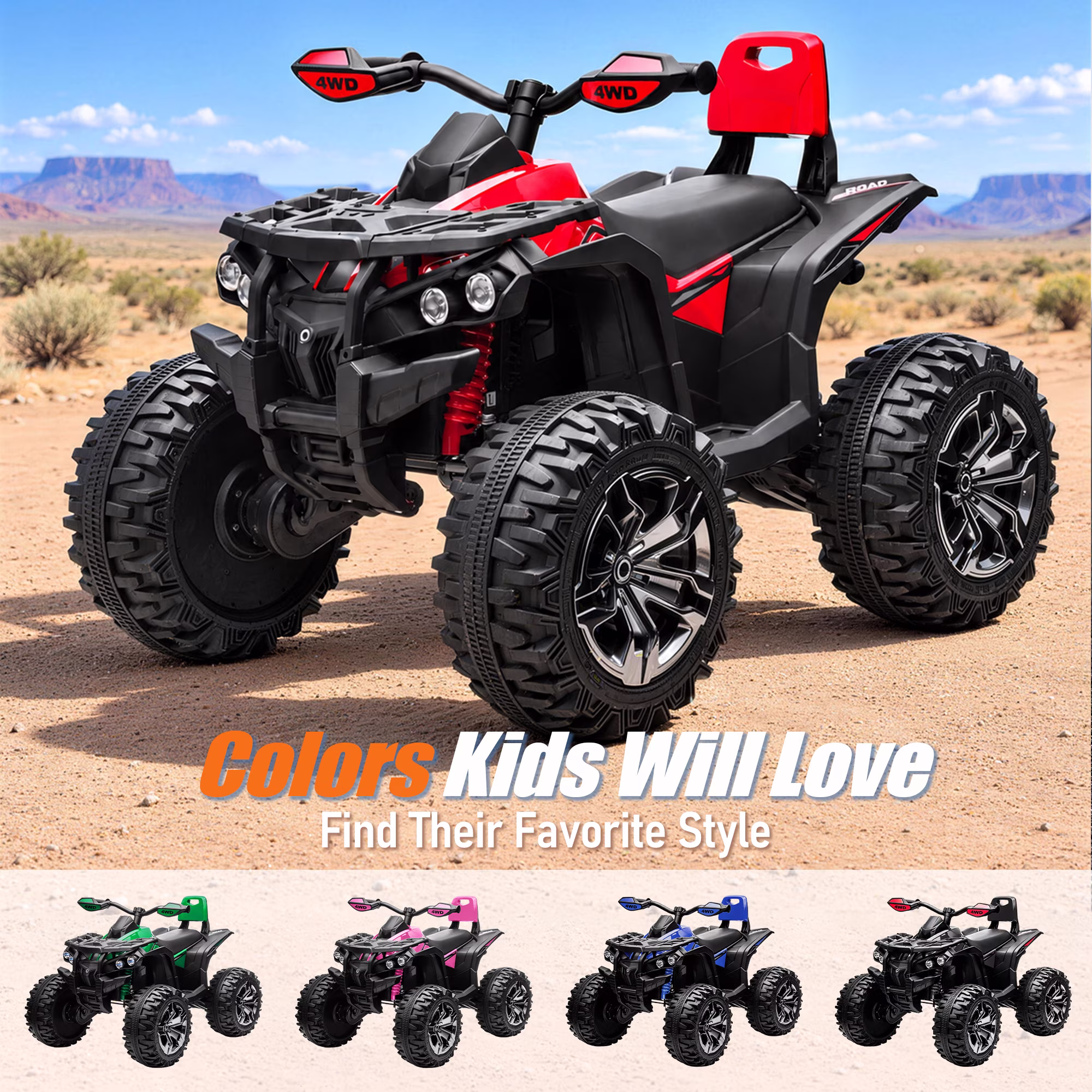 Sunnyfree 4WD ATV for Kids 24V Ride on Toy, 2-Seater Power Car Wheels with Remote, Bluetooth, Spring Suspension, Includes 2 Pairs Knee Pads, Red - Image 2