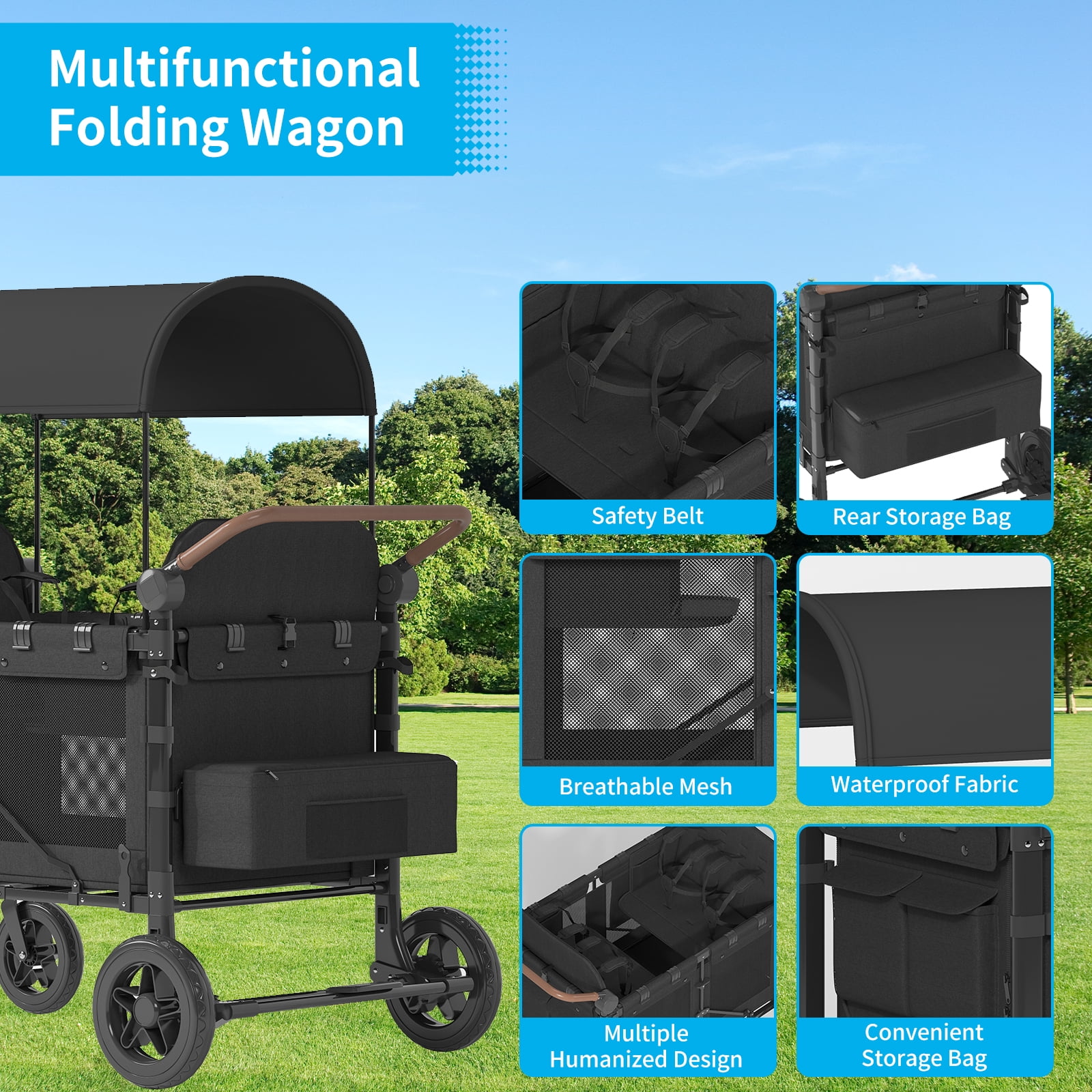 TABU Stroller Wagon for 4 Kids,4 Seater Stroller Wagon with Adjustable Handles,5-Point Harnesses,Black - Image 2