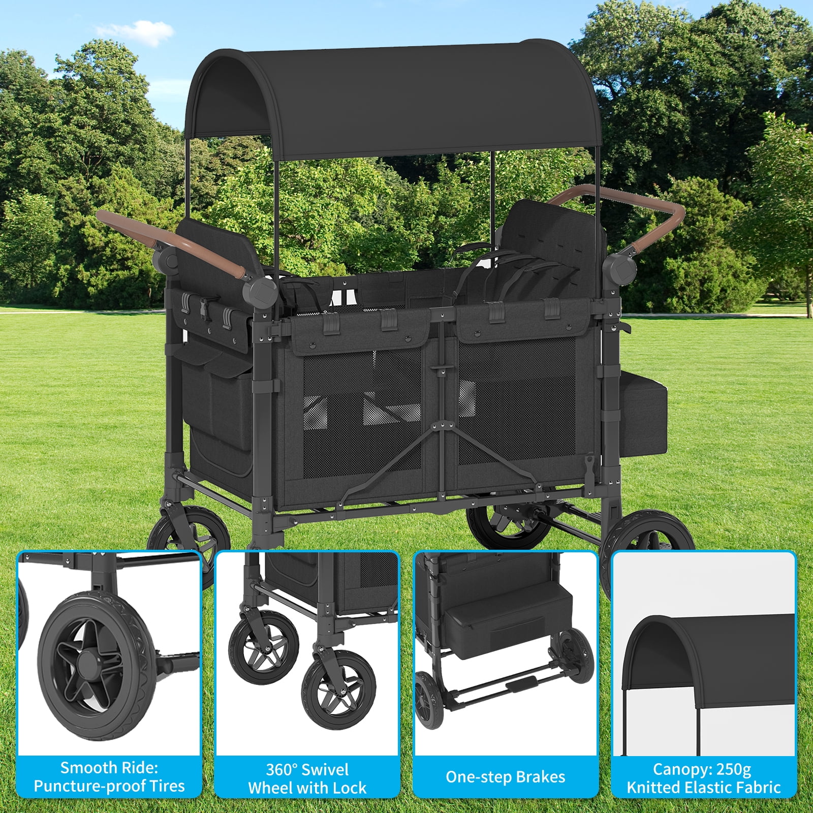 TABU Stroller Wagon for 4 Kids,4 Seater Stroller Wagon with Adjustable Handles,5-Point Harnesses,Black - Image 5