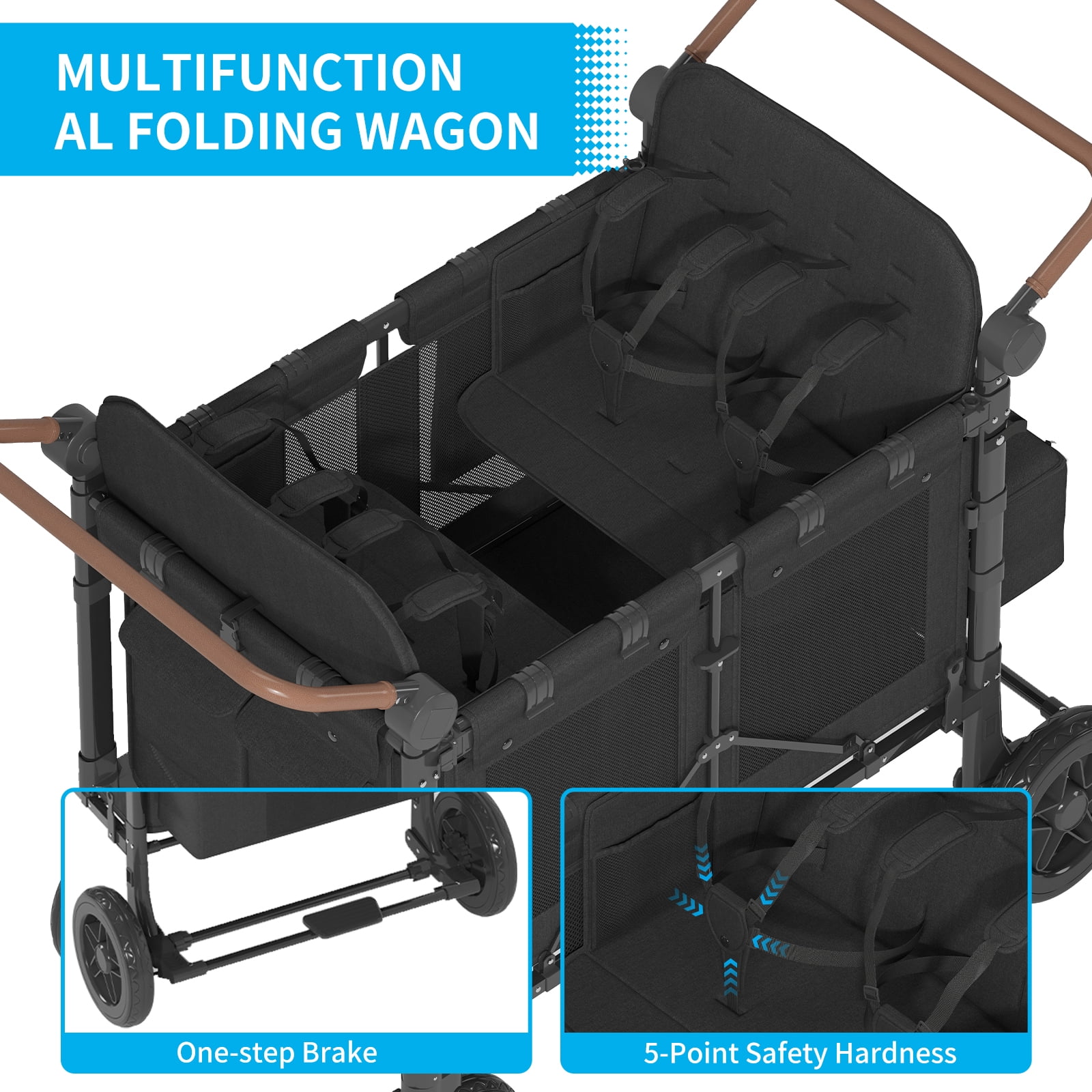 TABU Stroller Wagon for 4 Kids,4 Seater Stroller Wagon with Adjustable Handles,5-Point Harnesses,Black - Image 4