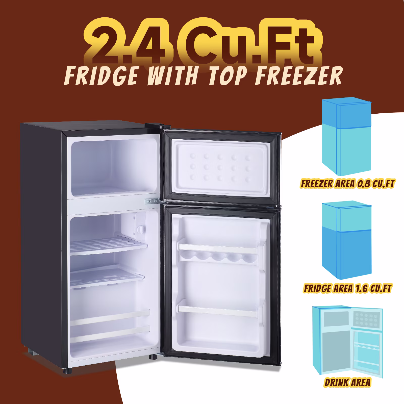 TACOOL 2.2Cu.Ft Small Refrigerator with Freezer, Mini Fridge with Top Freezer for Apartment, Bedroom, Double Door, Dark Grey - Image 3