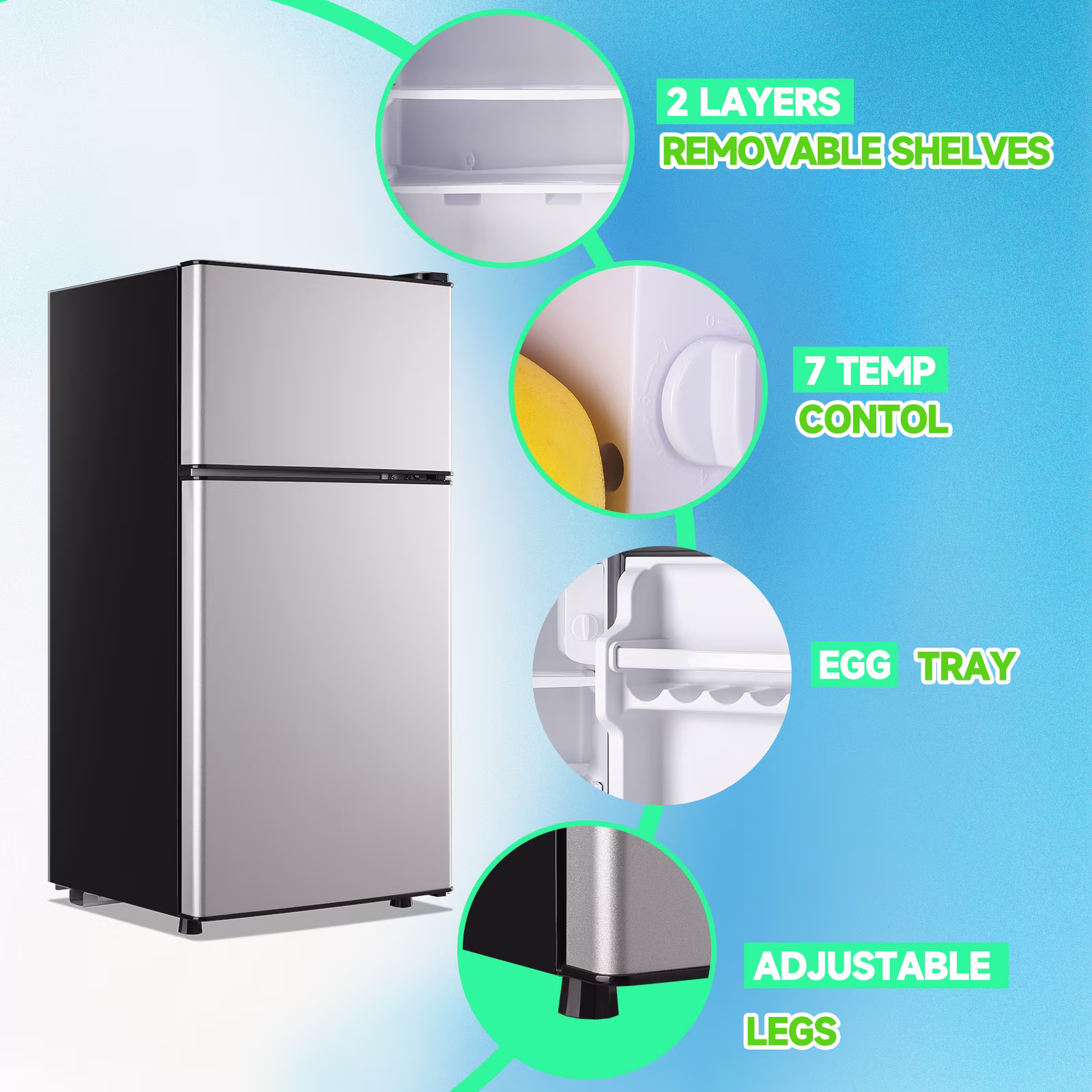 TACOOL 2.5Cu.ft Small Refrigerator Mini Fridge for Dorm with Drink Holder and Egg Tray, Silver - Image 3